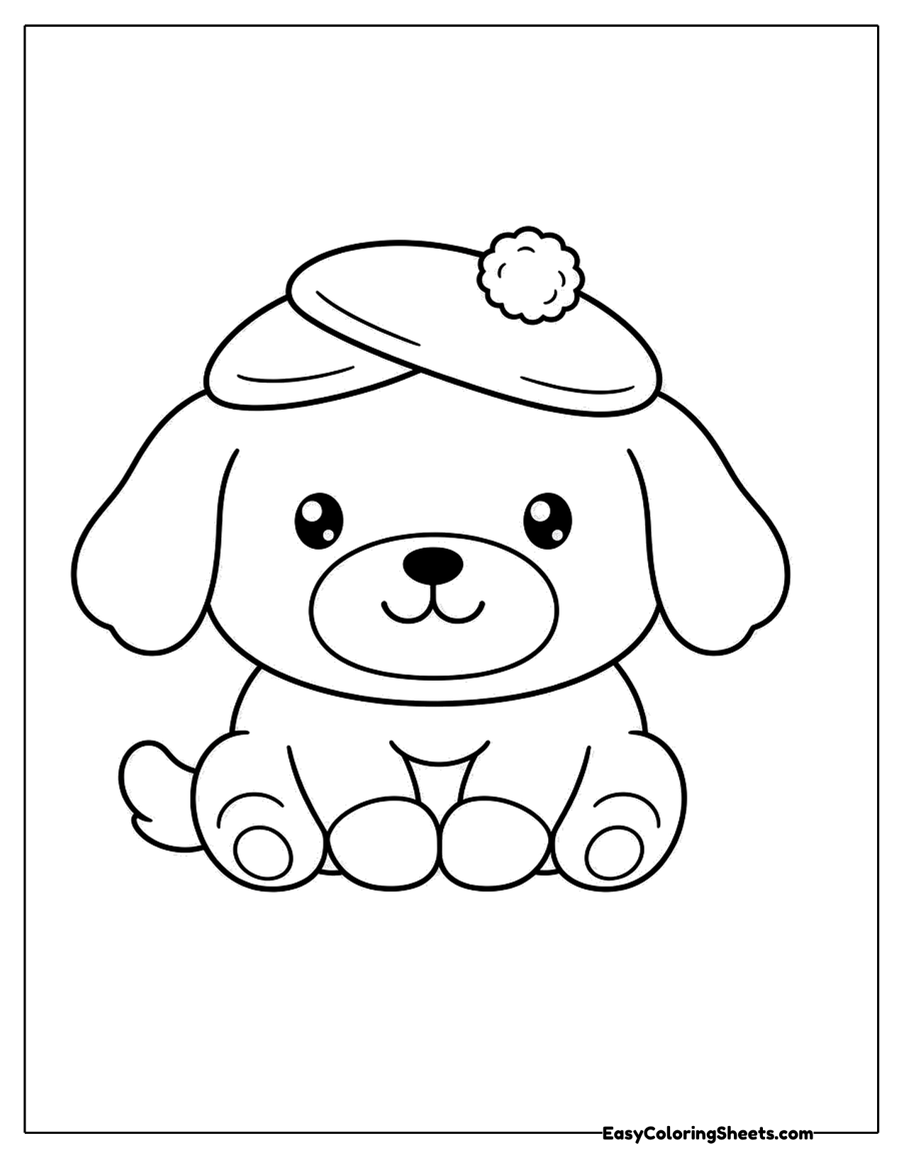 Puppy in a beret with a pom pom