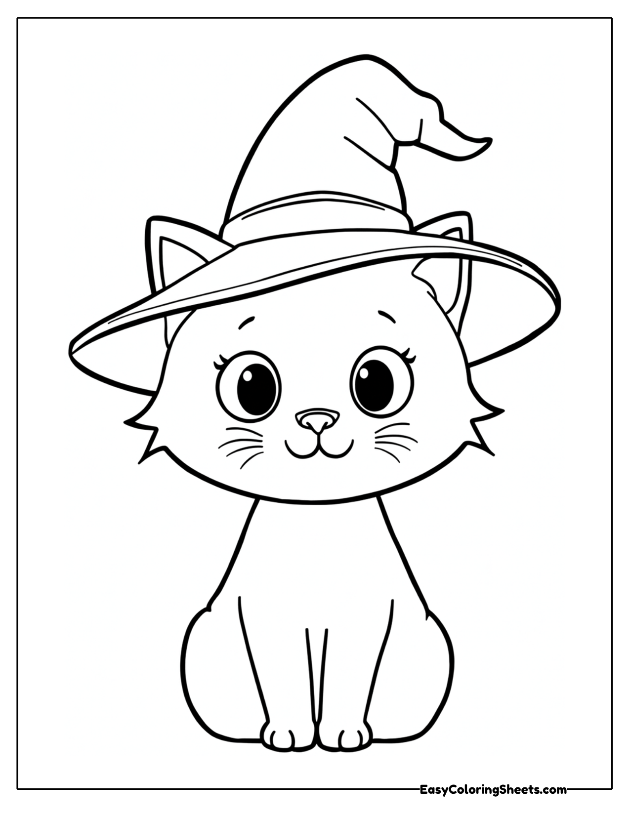 Cat sitting upright wearing a wide pointed witch hat