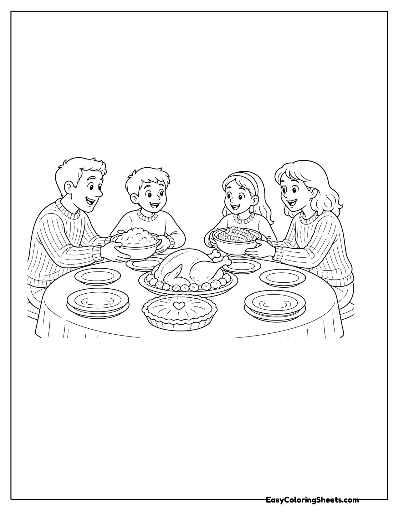 Family seated around a table with a roast turkey and side dishes
