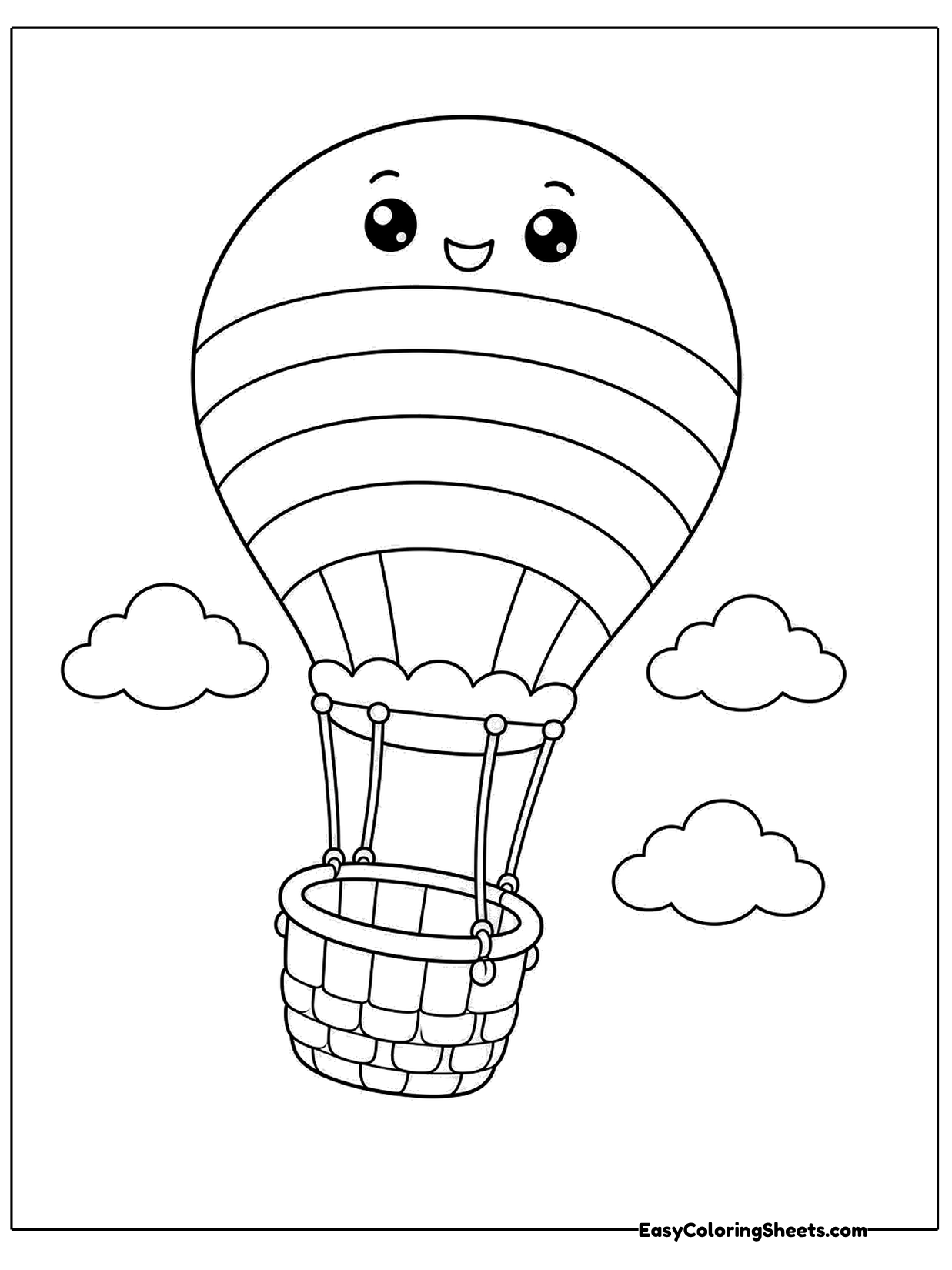 A happy hot air balloon with a smiling face wears curved bands across its envelope, perfect for a rainbow.
