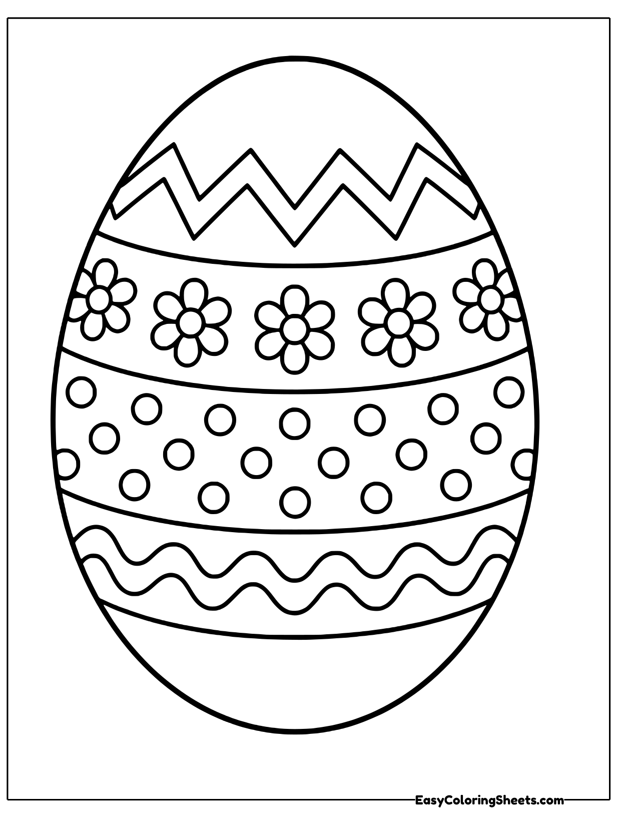 An egg template mixes zigzag bands, a row of daisies and lines of dots.
