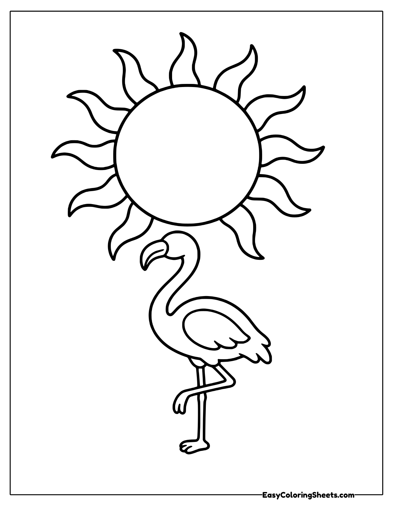 Big sun with wavy rays above a small flamingo on one leg