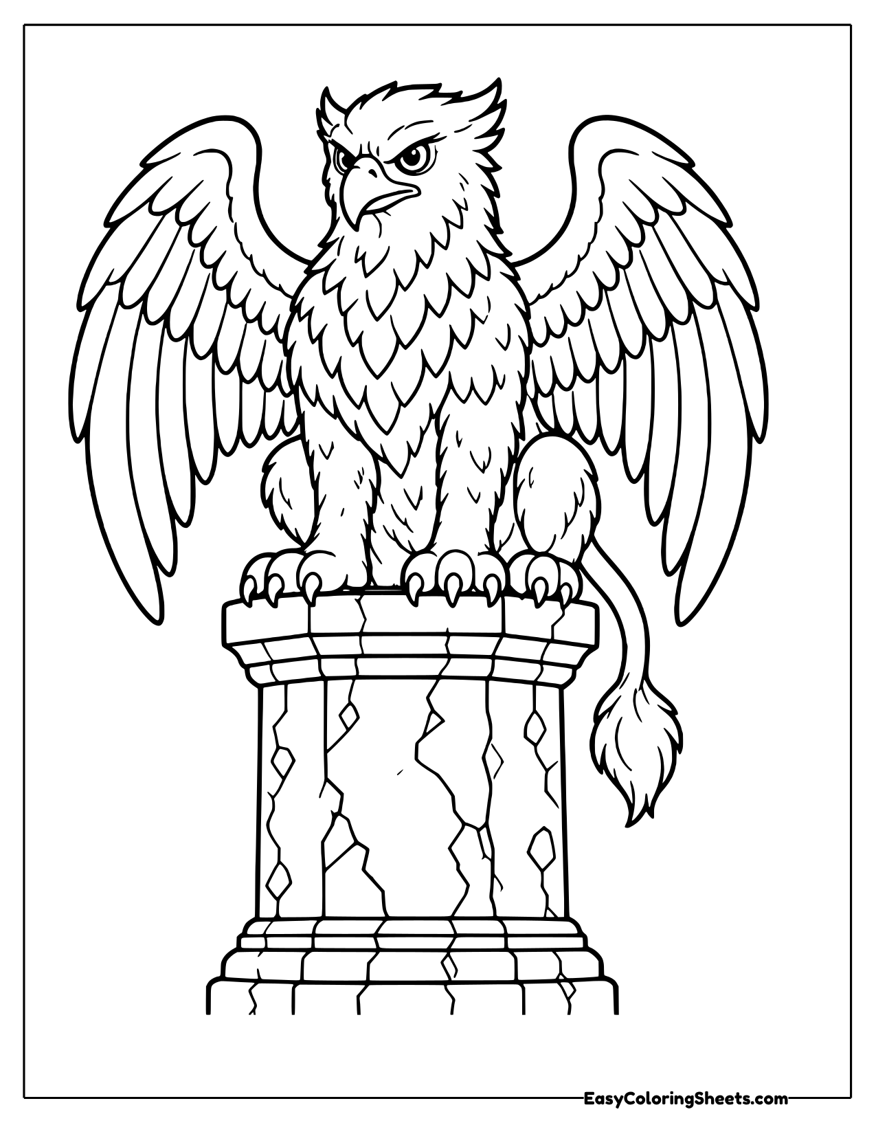 A proud griffin with the head and wings of an eagle and the body of a lion perches on top of a carved stone pillar.