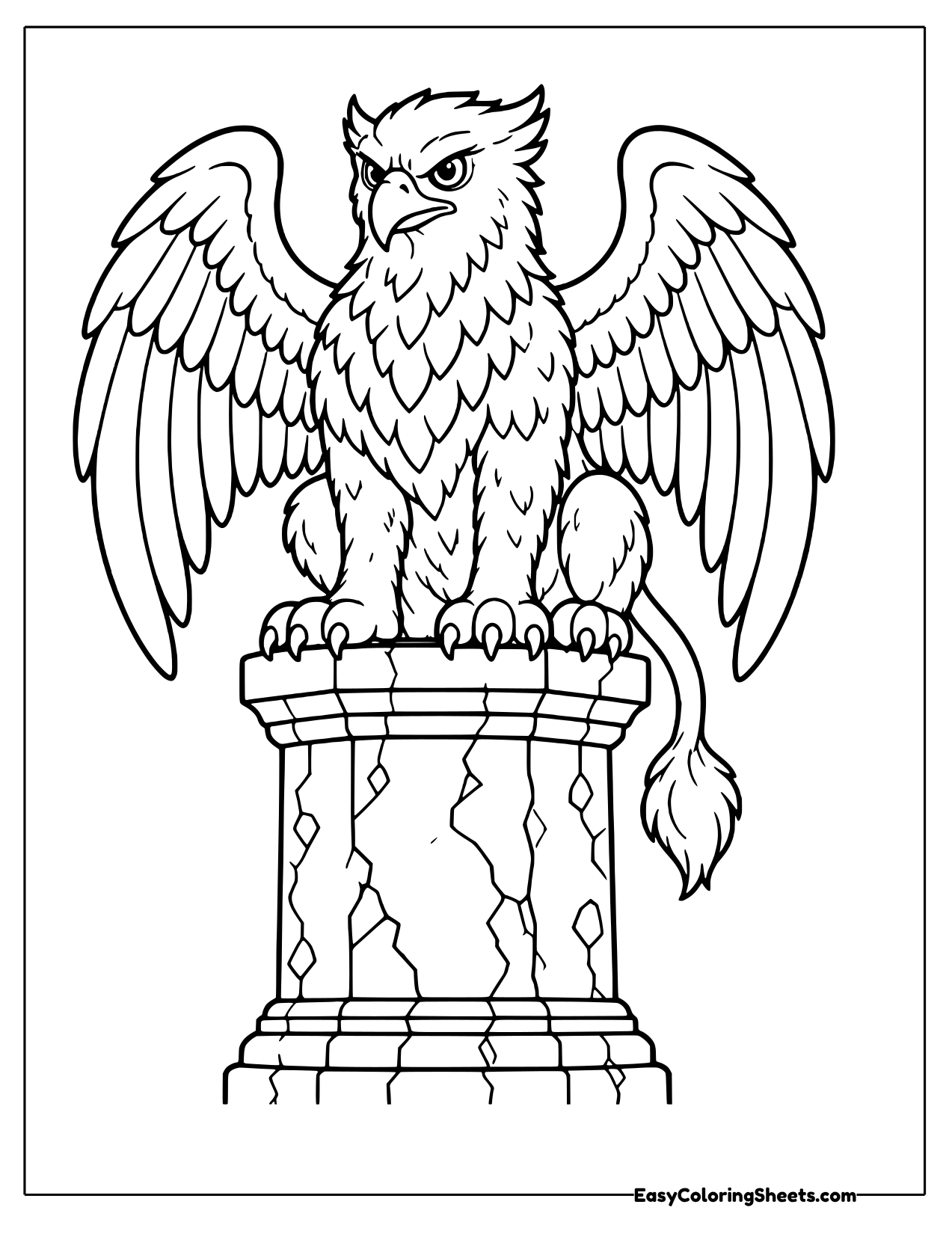 Griffin with eagle wings perched on top of a carved stone pillar