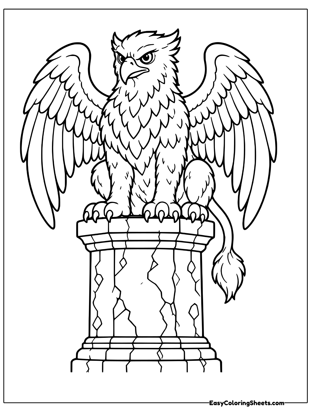 A proud griffin with the head and wings of an eagle and the body of a lion perches on top of a carved stone pillar.