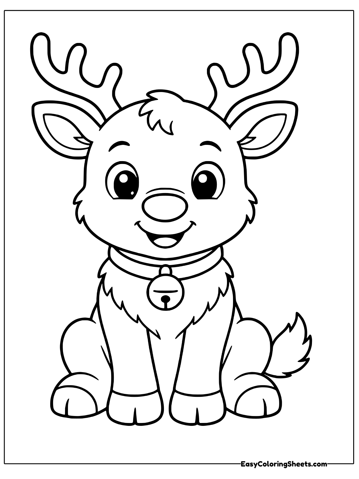 A reindeer sits with a jingle bell collar around its neck and fluffy chest fur.