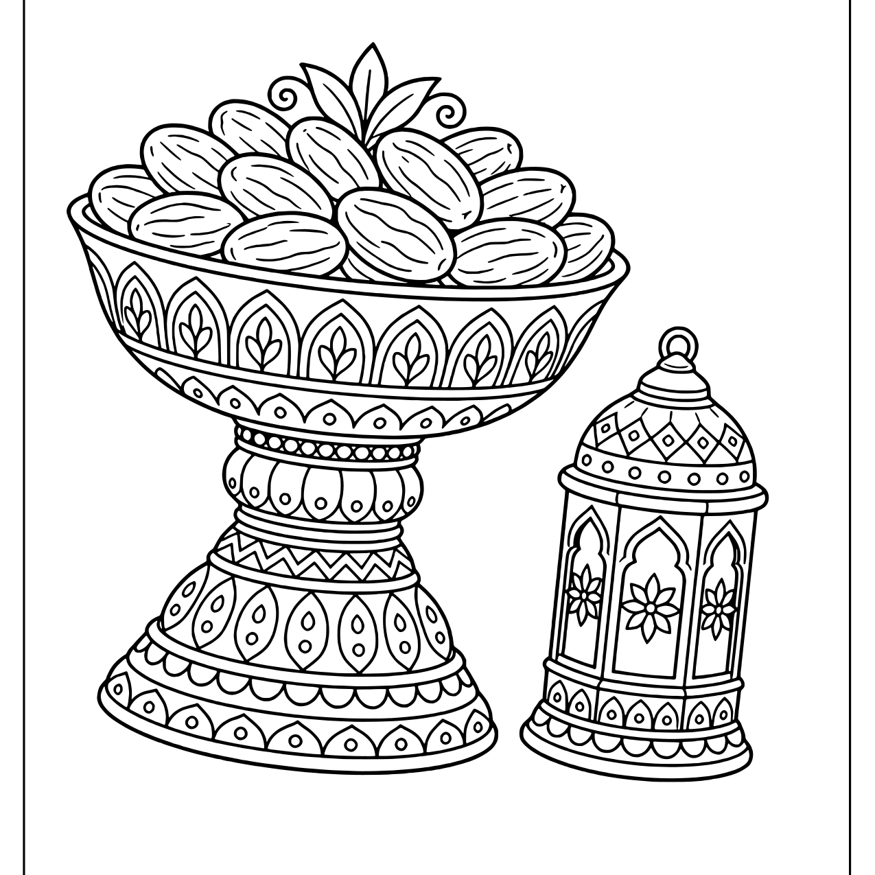 Footed bowl piled with dates next to a small patterned lantern
