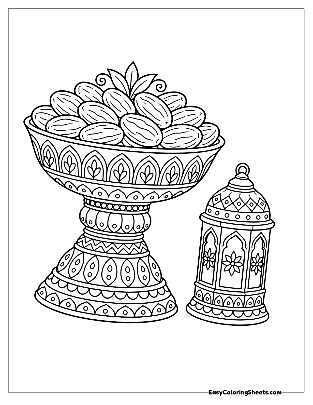 Footed bowl piled with dates next to a small patterned lantern