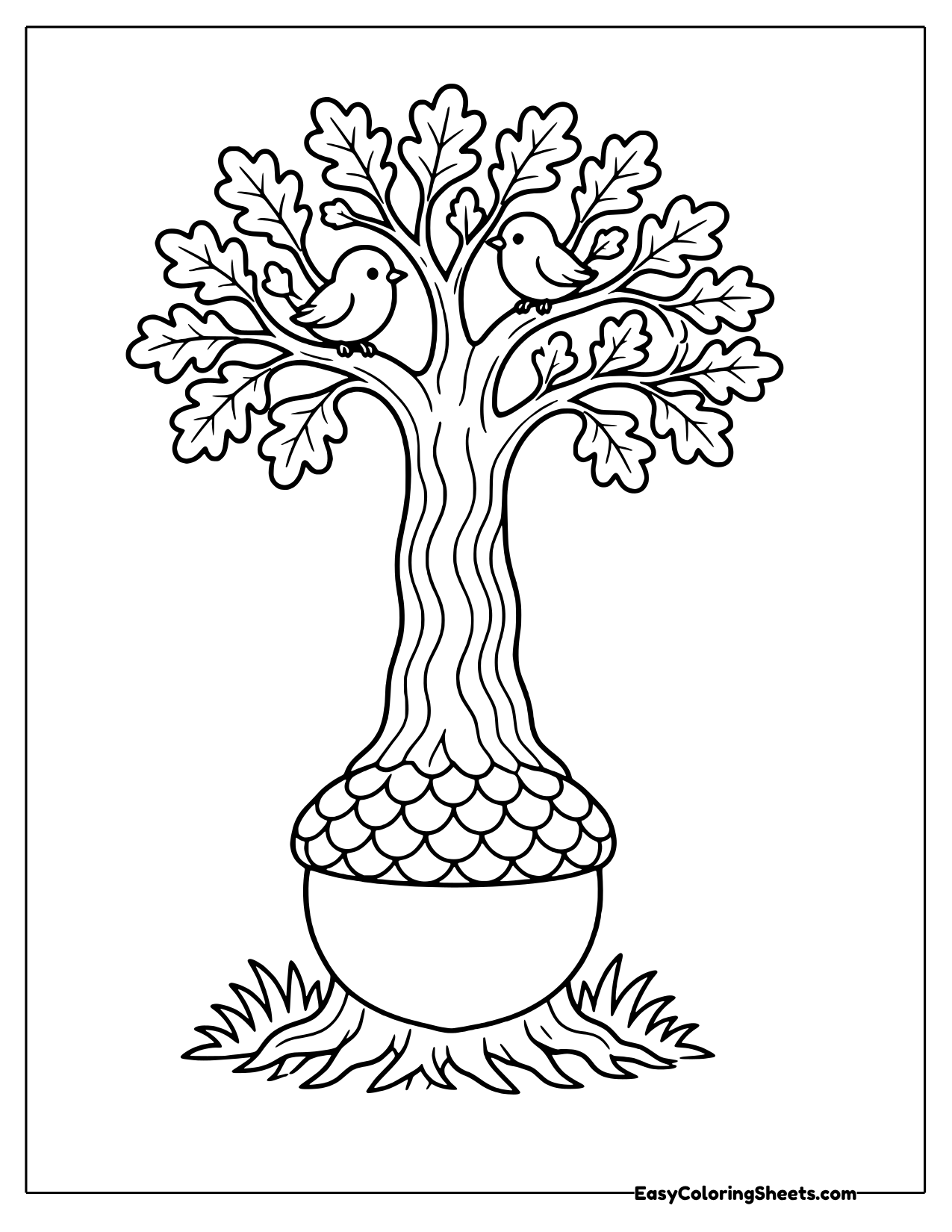 Acorn sitting beneath a tall oak tree