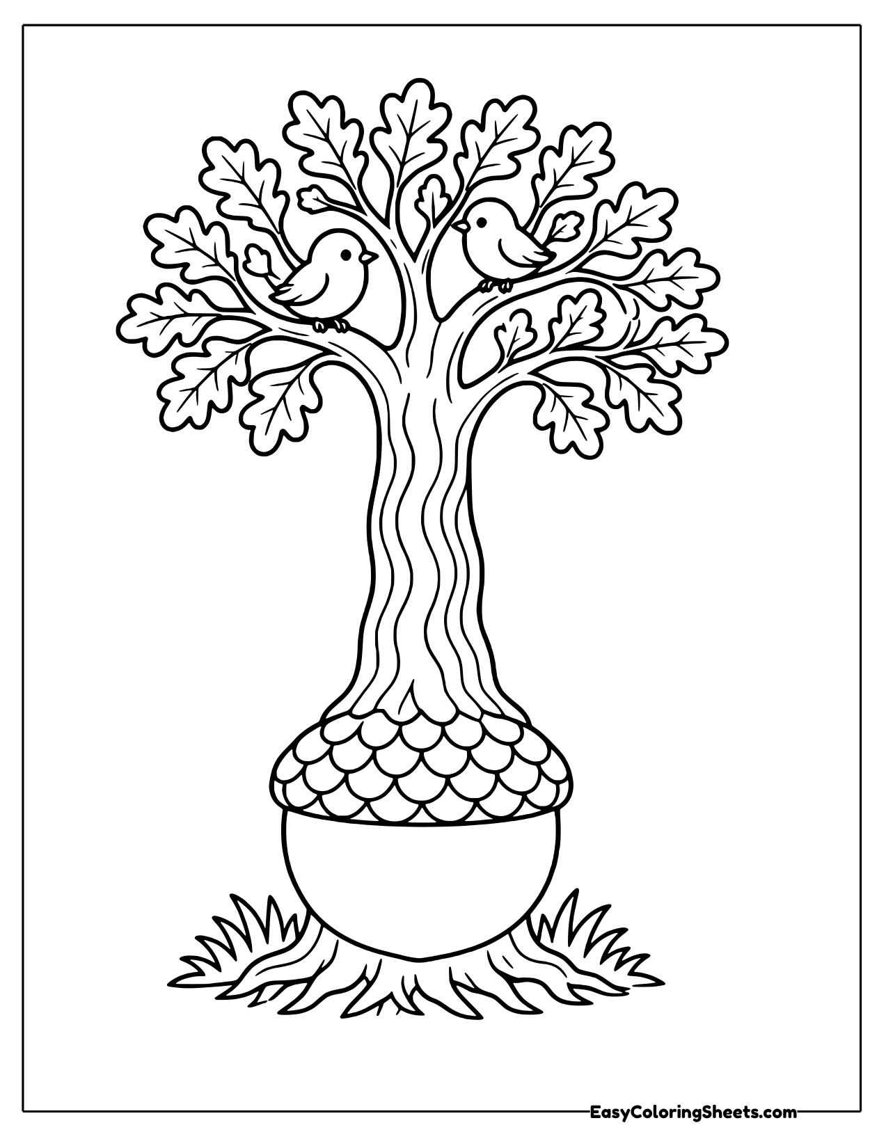 Acorn sitting beneath a tall oak tree
