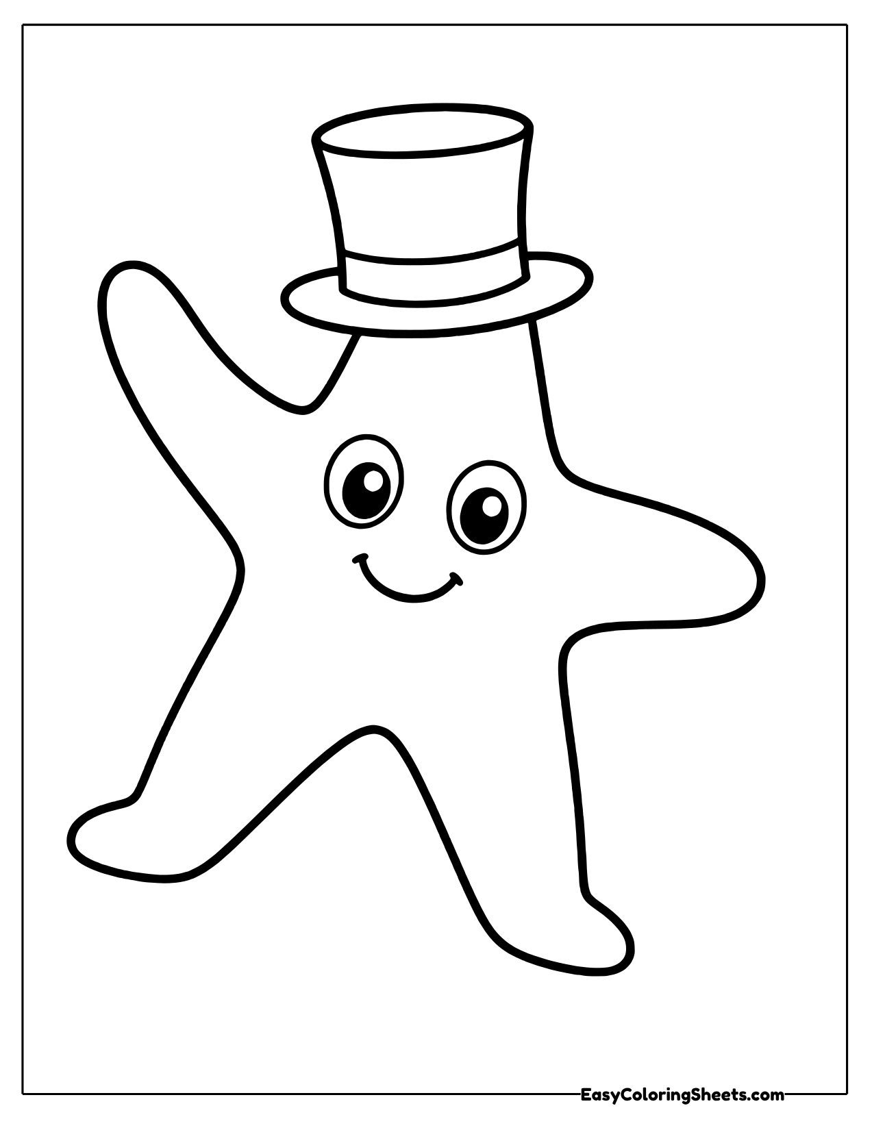 Dapper cartoon starfish in a top hat waving one arm