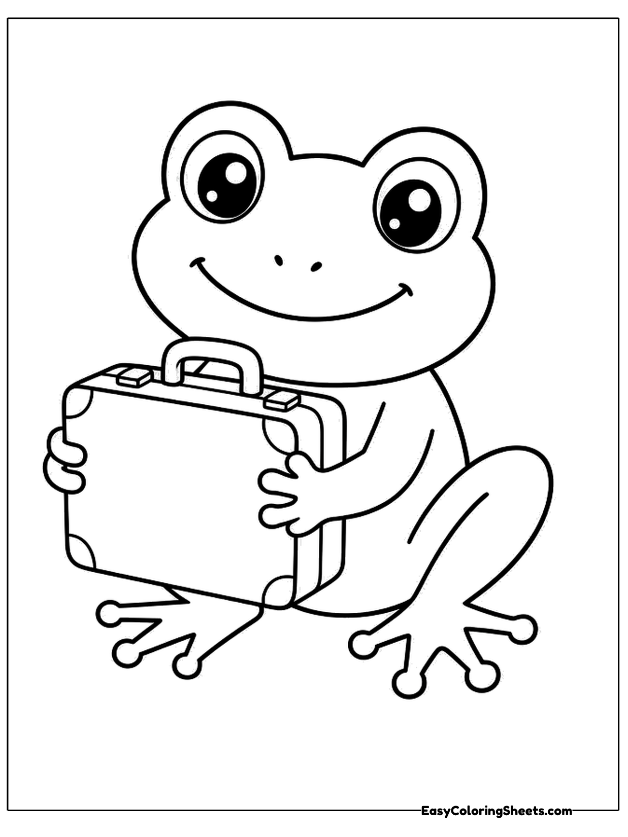 A smiling frog sits and holds a little travel suitcase by its handle, ready for a trip.