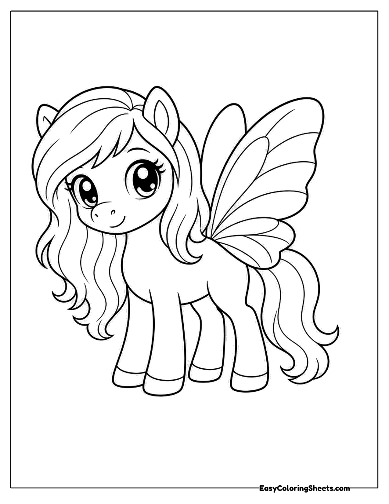 Cute winged pony standing with a curly tail