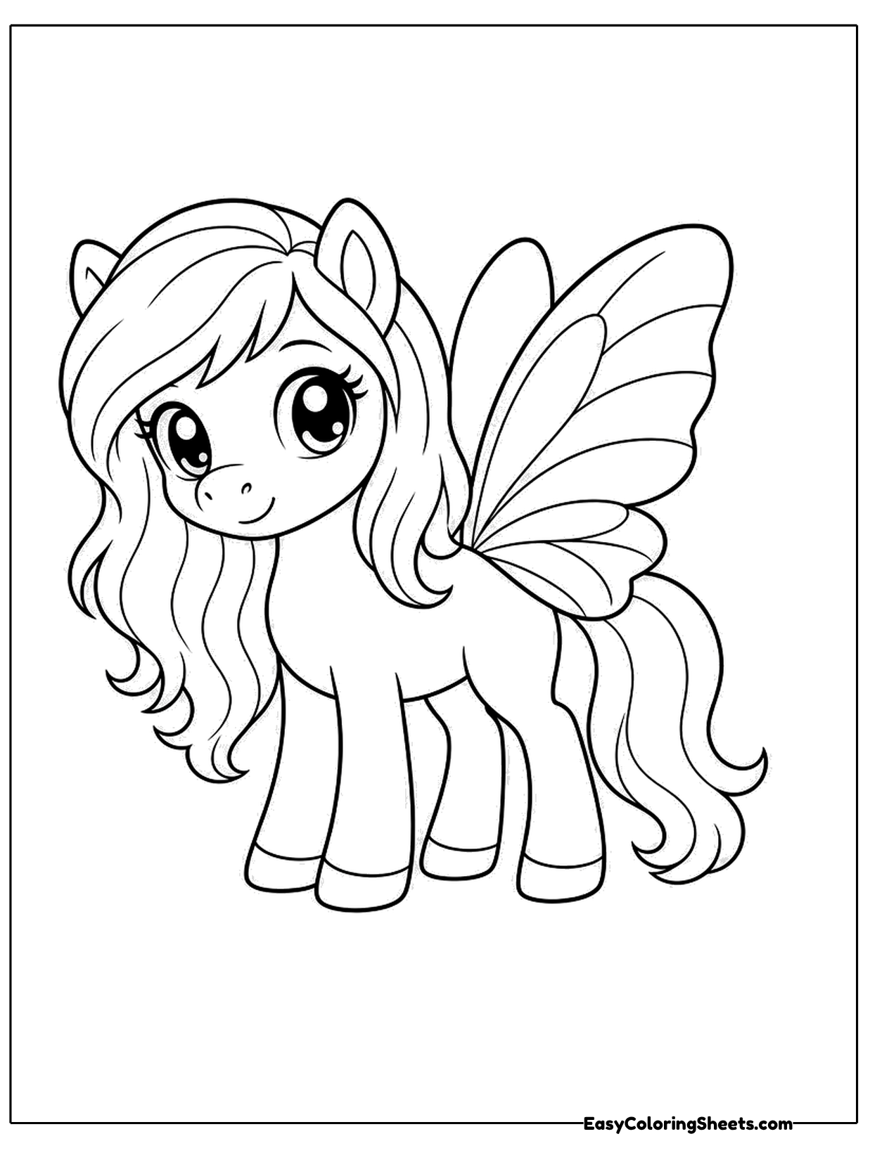 This pony has delicate wings, a long wavy mane and a fluffy tail that sweeps behind it.
