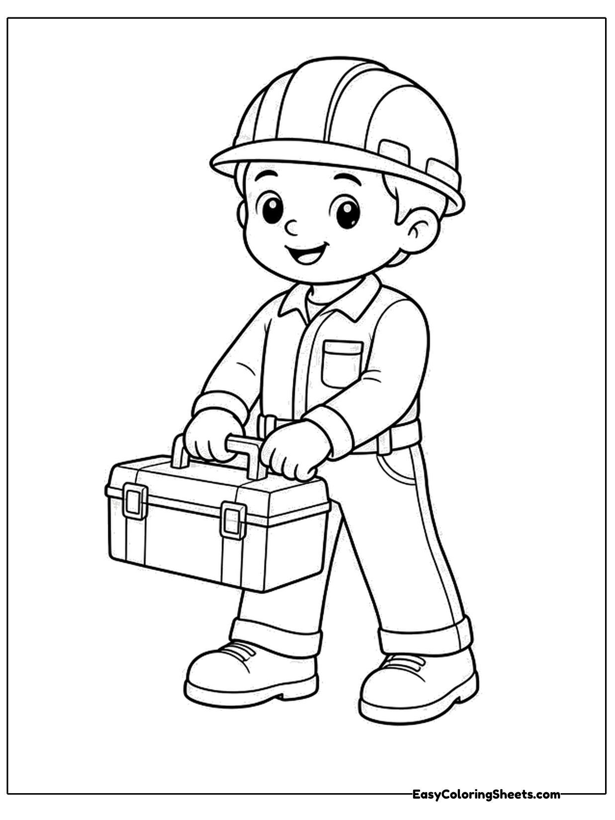 A construction worker in a hard hat and work clothes carries a toolbox and smiles.