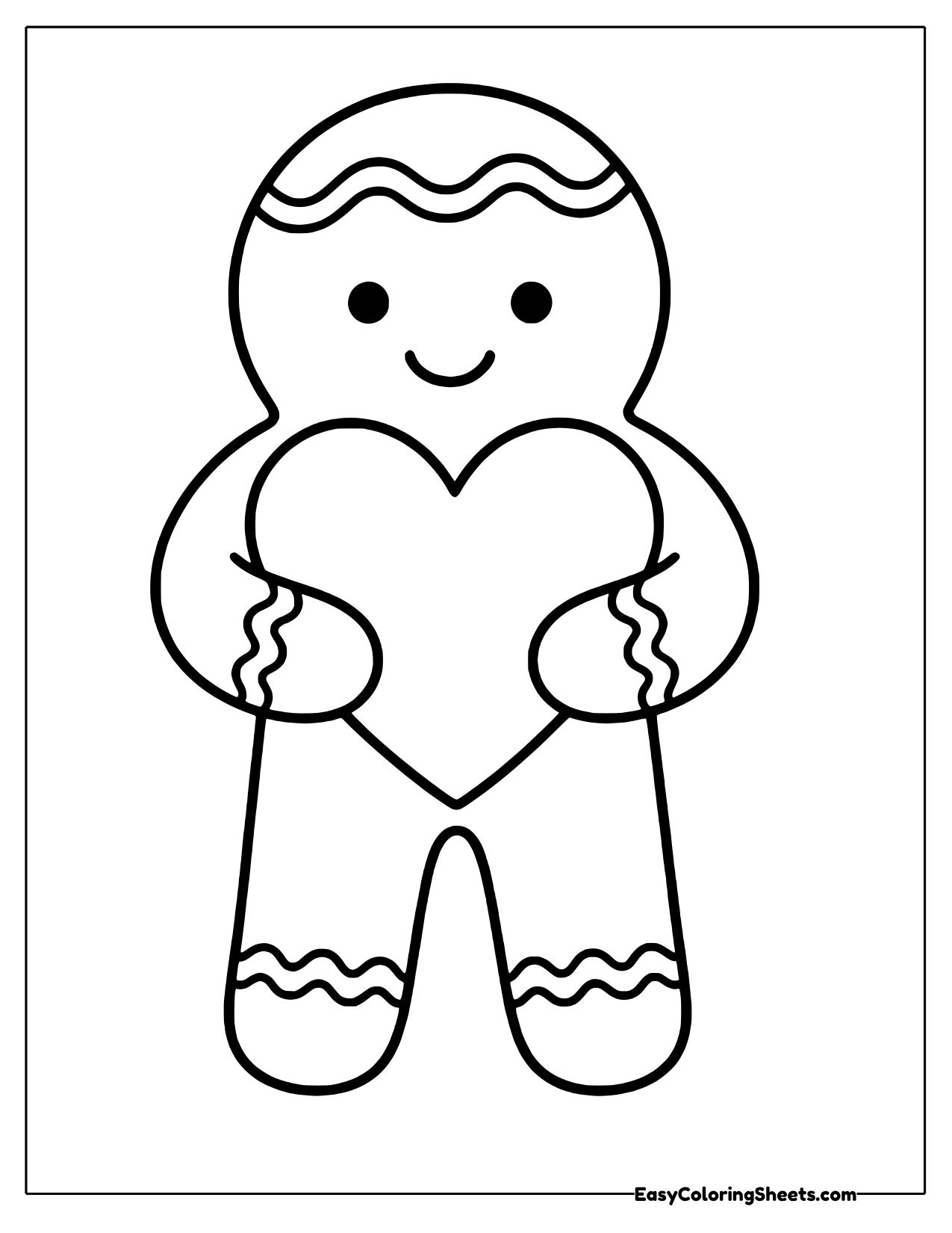 A smiling gingerbread man hugs a big heart against his chest, with icing zigzags on his arms and feet.