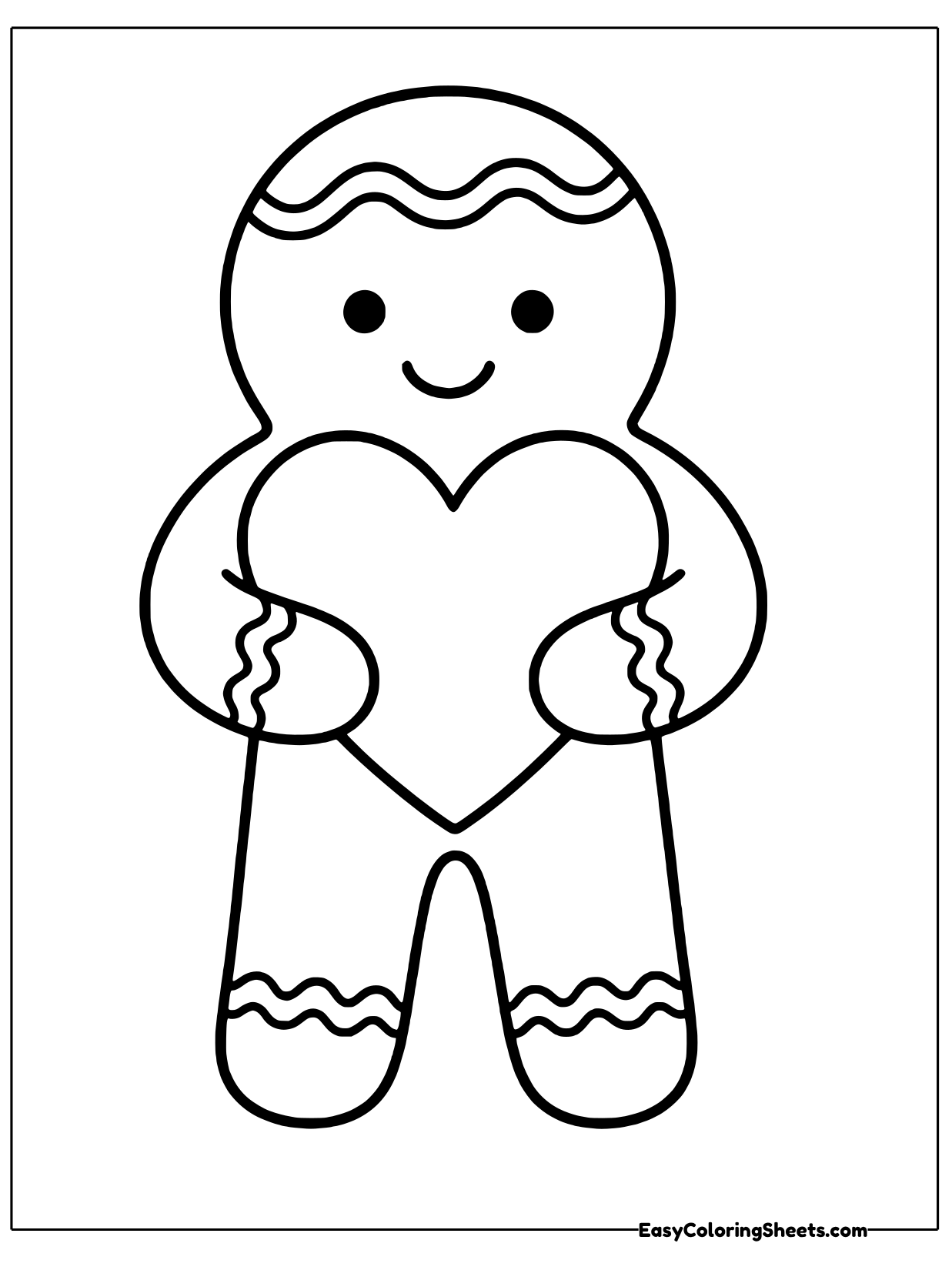 A smiling gingerbread man hugs a big heart against his chest, with icing zigzags on his arms and feet.