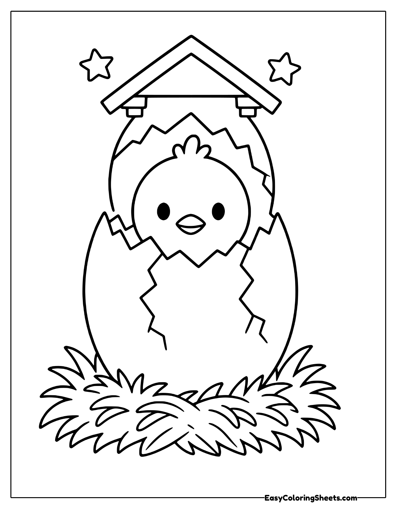 Baby chick hatching from an egg shell on a straw nest