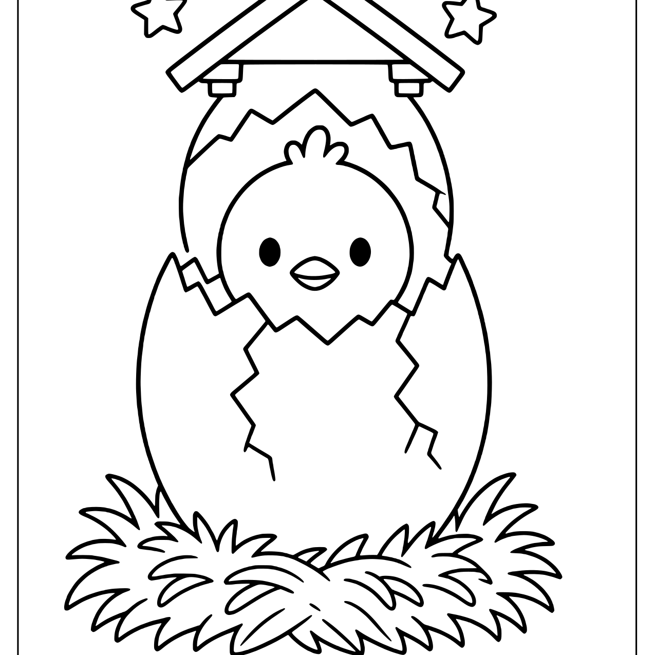 Baby chick hatching from an egg shell on a straw nest