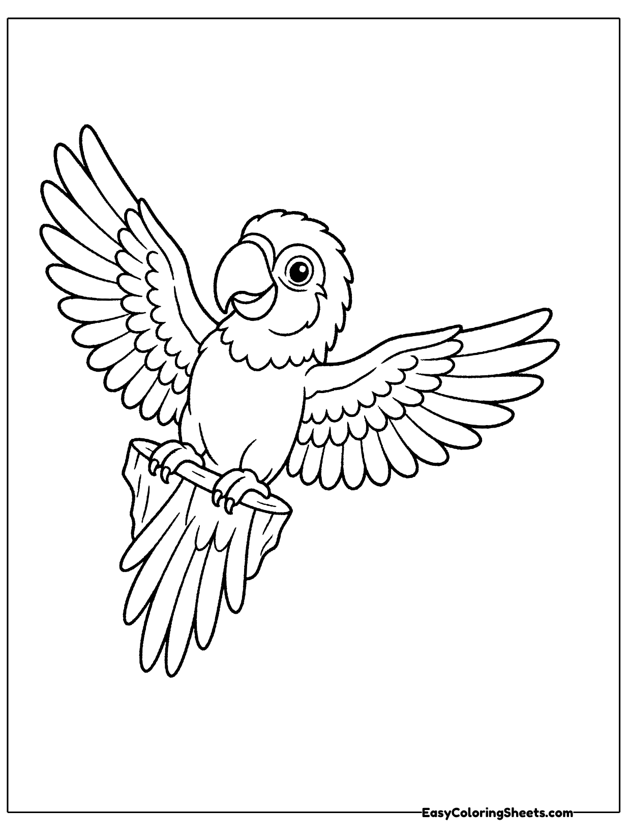 A macaw perches on a short branch and lifts both wings high in a big stretch.