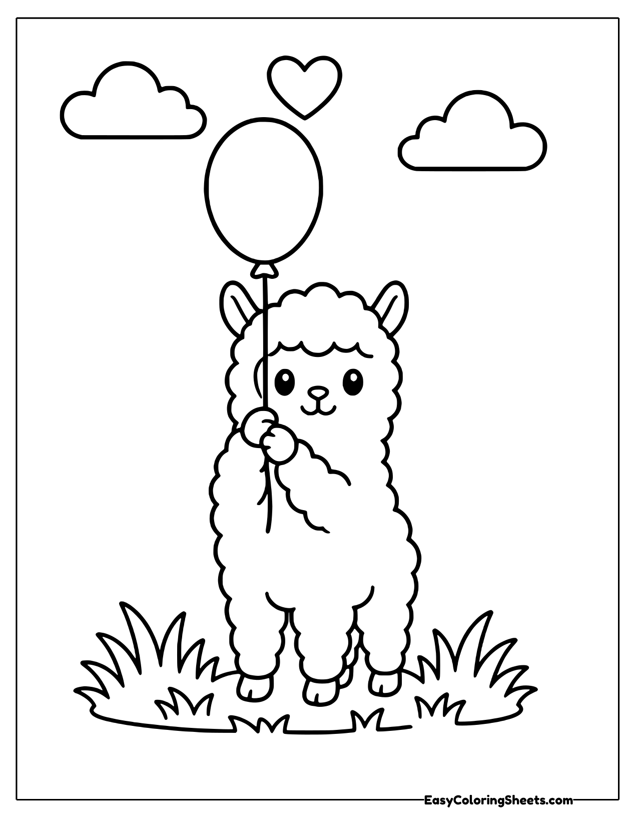 Alpaca holding a balloon under clouds