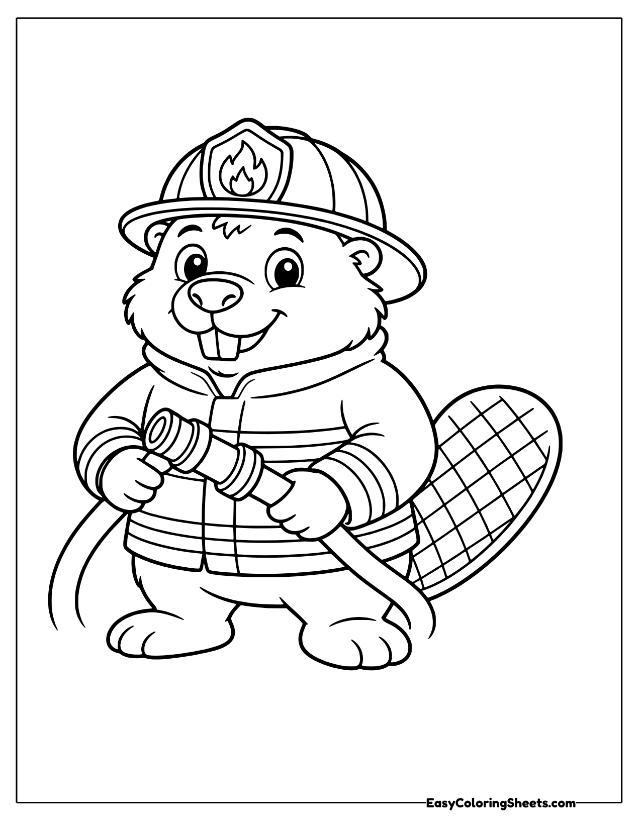 Beaver firefighter in a helmet and coat holding a hose