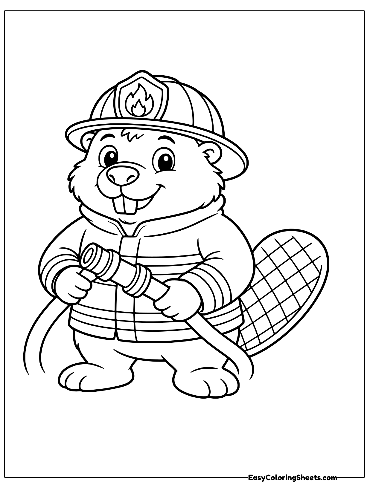 A brave beaver firefighter in a helmet with a flame badge and a buttoned turnout coat grips a hose nozzle, ready to help.