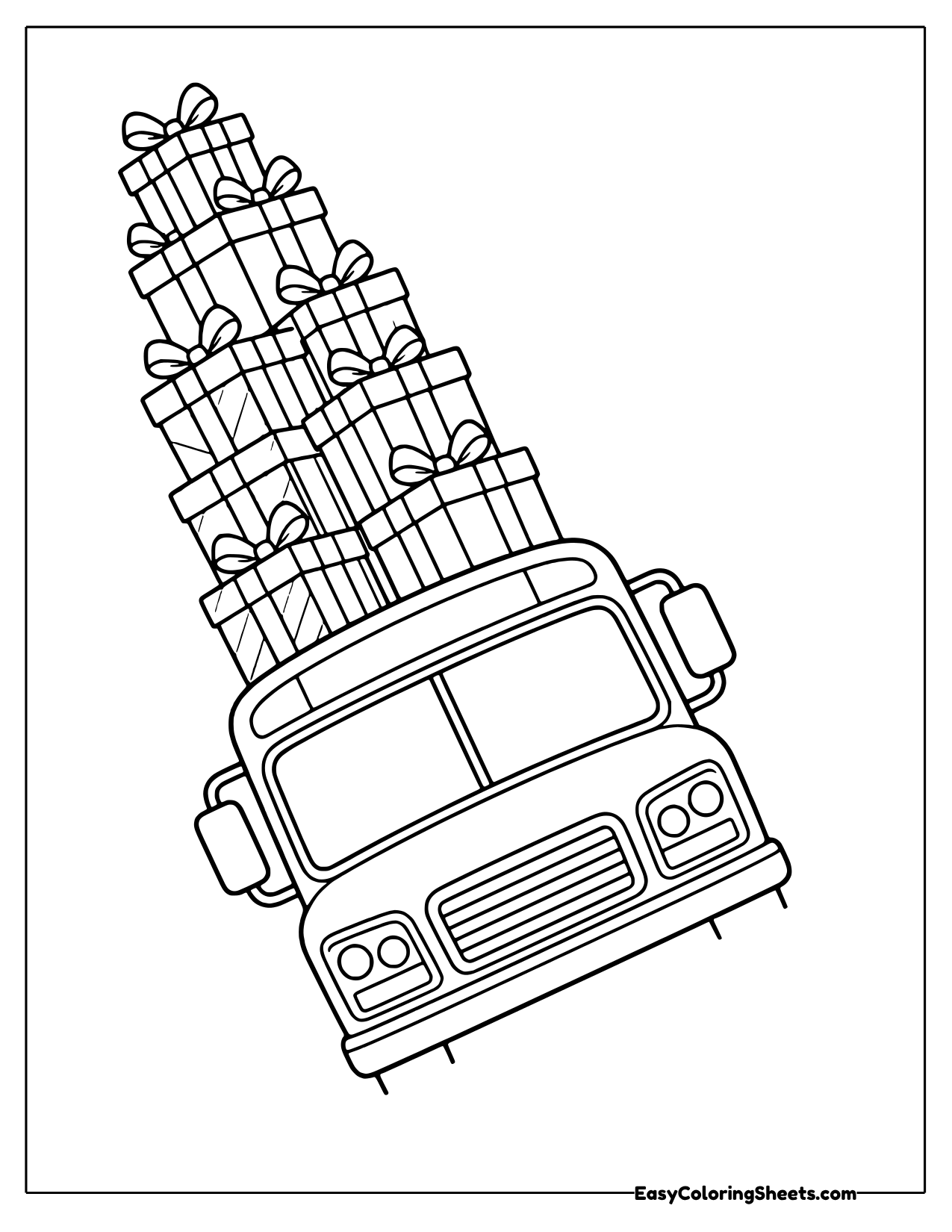 Bus with a tall stack of ribbon tied gift boxes on its roof