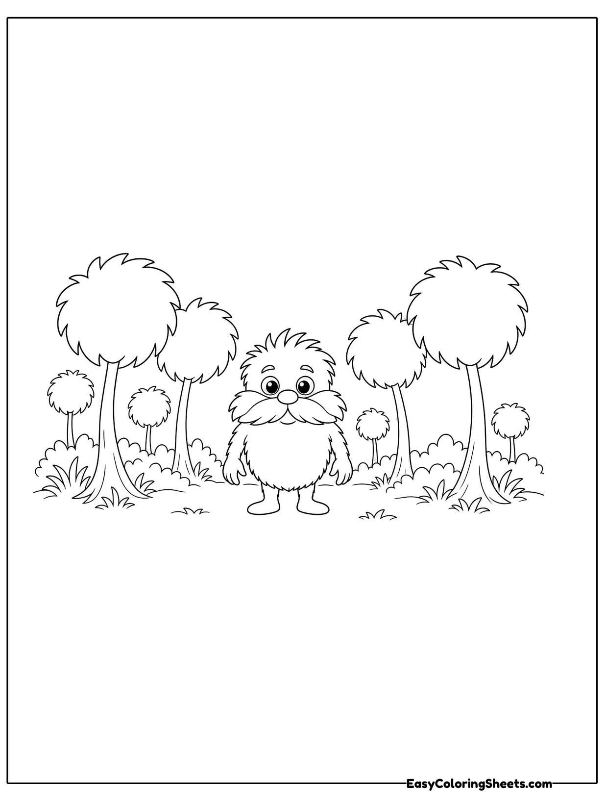 A little furry character peeks out from a row of tall trees with round fluffy tops on thin trunks.