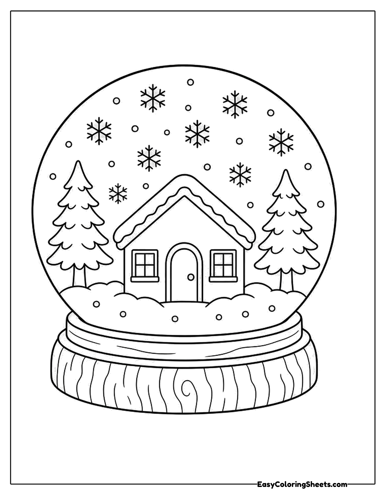 Snow globe with a cottage and pine trees