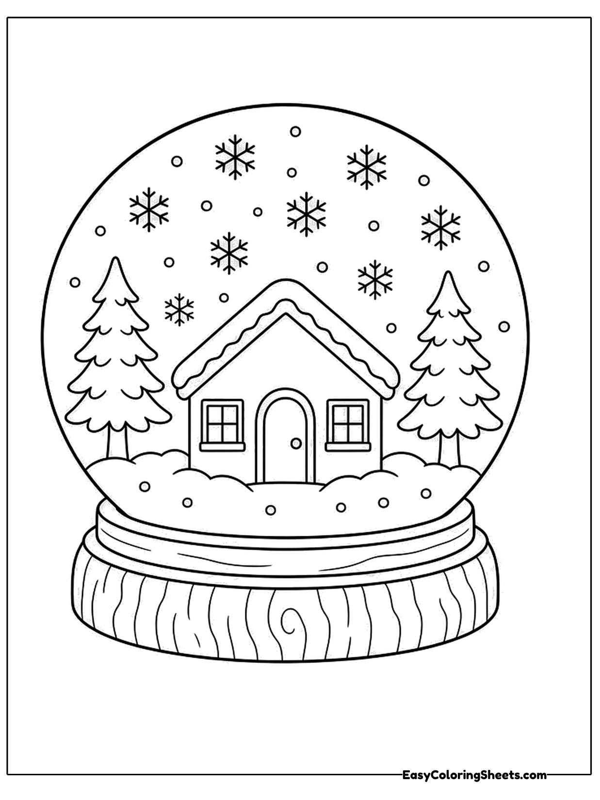 A glass snow globe holds a cozy cottage with a chimney between two pine trees, with flakes swirling inside the dome.