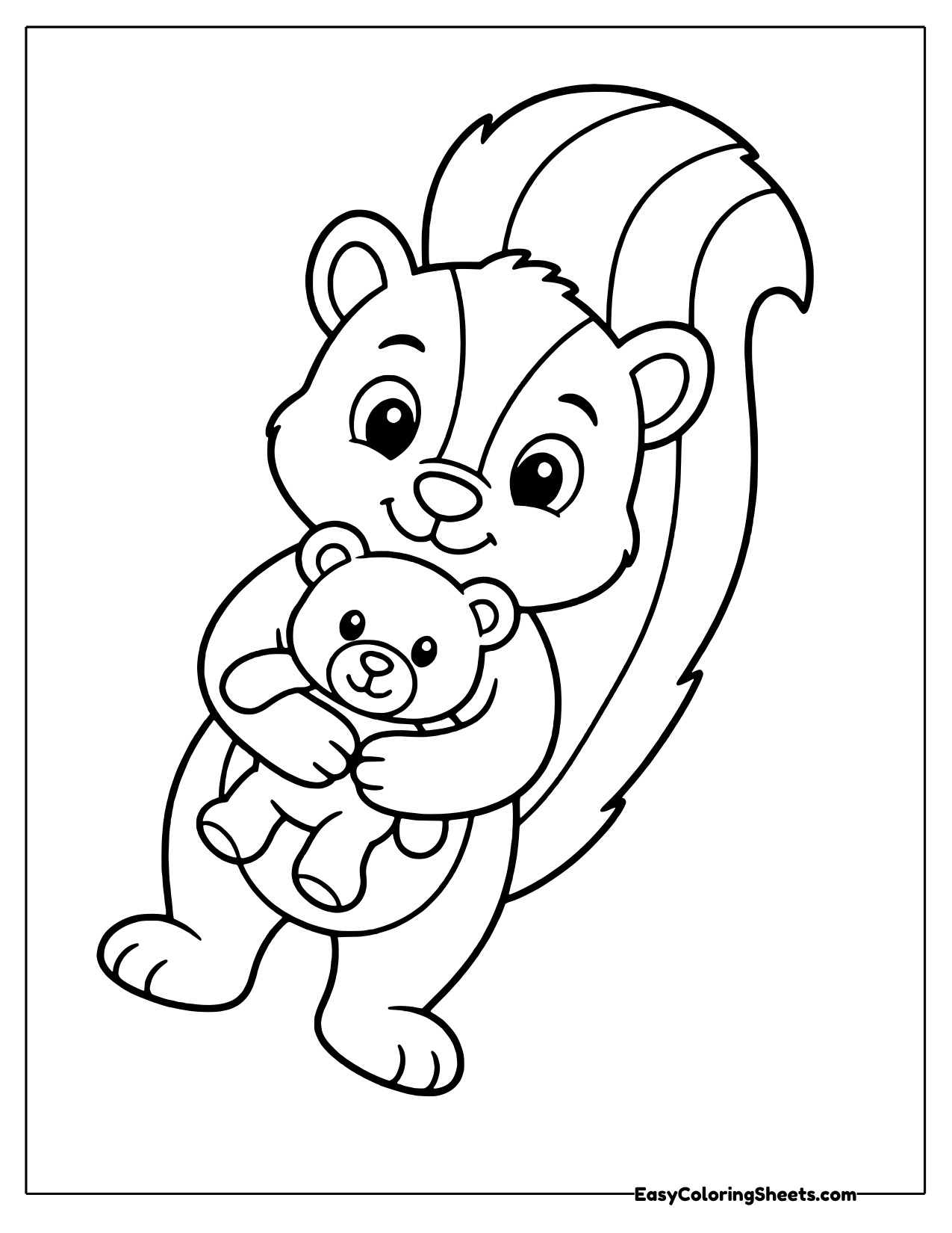 Sweet skunk hugging a soft little teddy bear to its chest