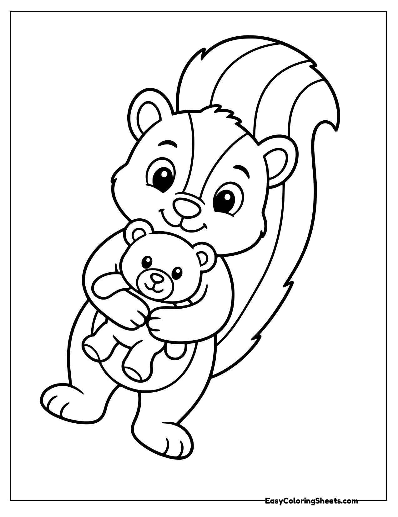 Sweet skunk hugging a soft little teddy bear to its chest