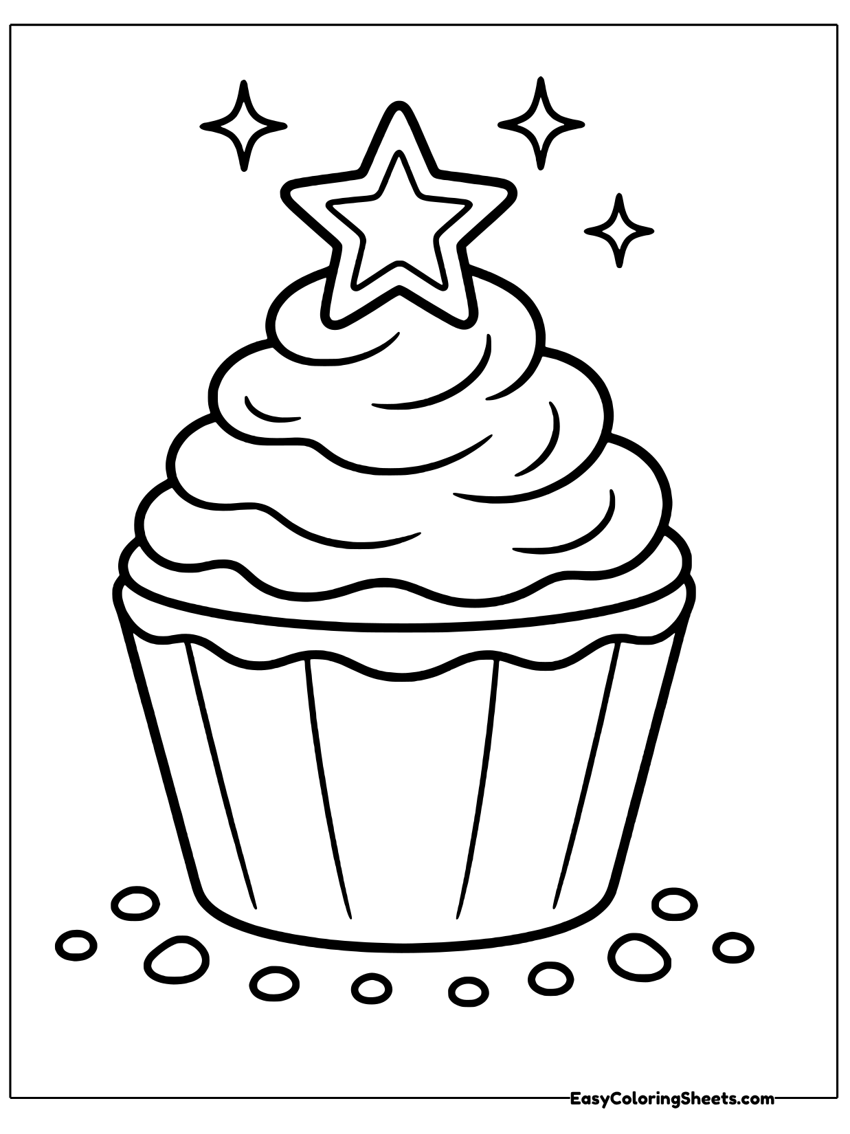 A tall cupcake with a pleated wrapper and swirled frosting is topped with a star.