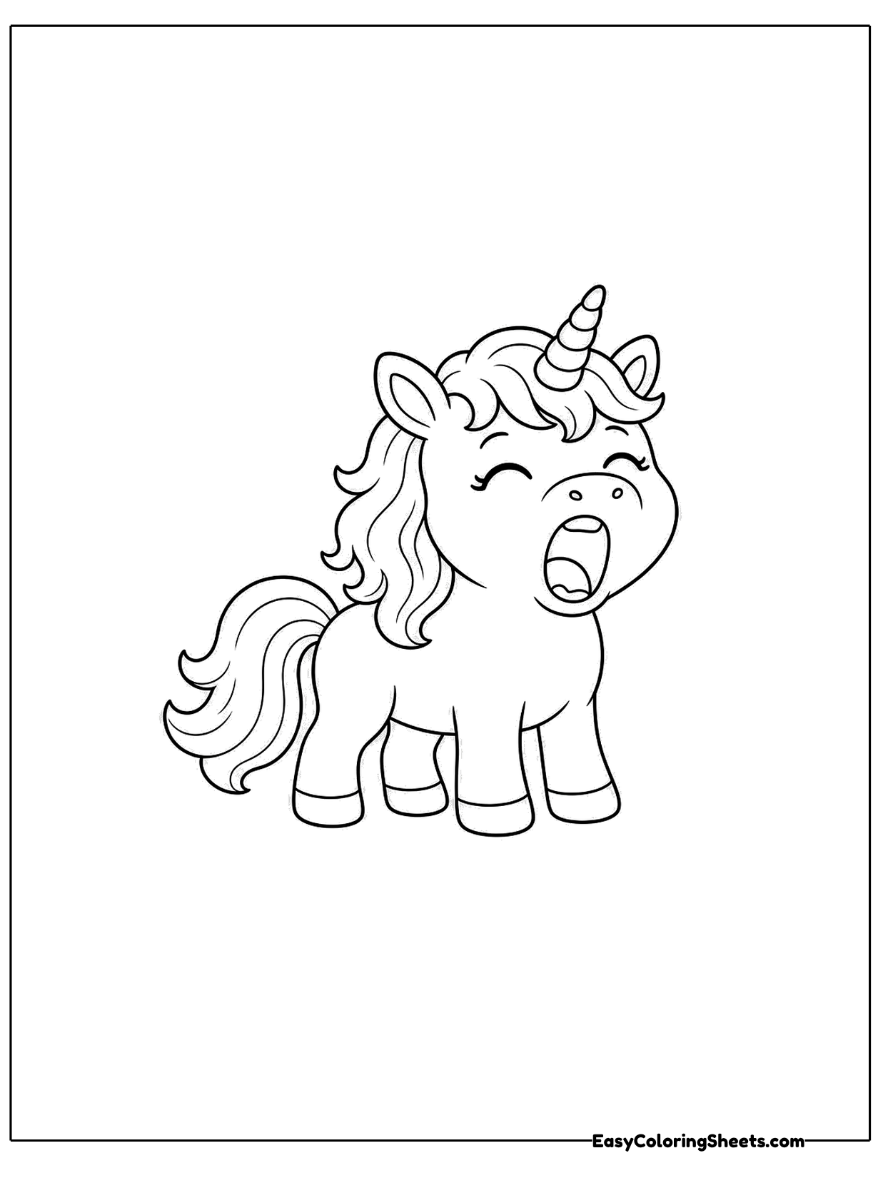 A sleepy unicorn opens its mouth in a big yawn with its eyes squeezed shut.