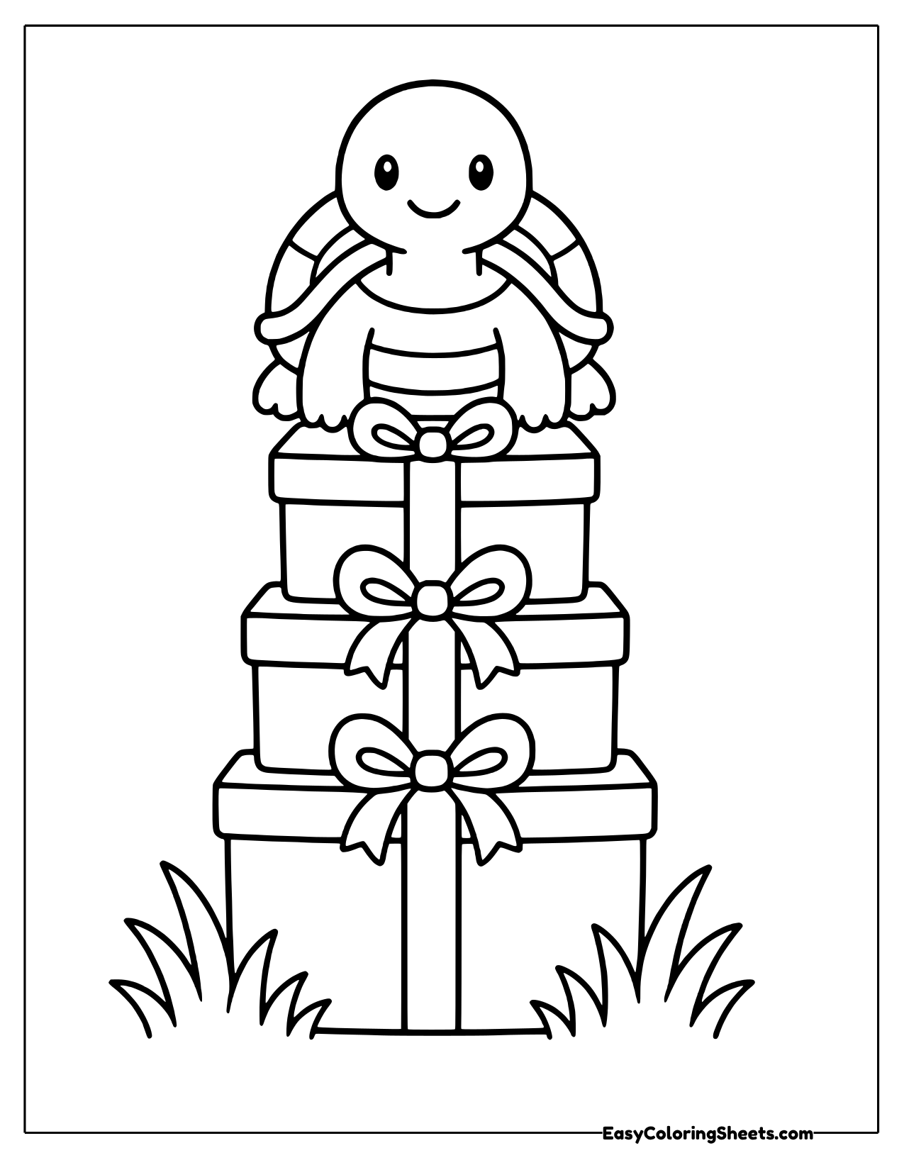 A little turtle sits proudly on top of a stack of three wrapped presents tied with ribbons and bows.