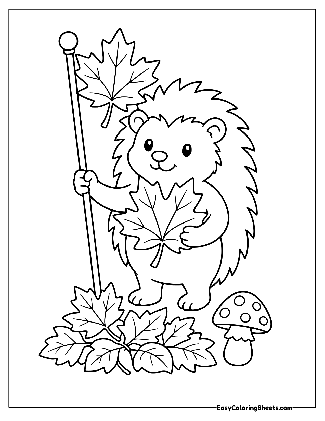 Hedgehog holding a maple leaf on a pile of autumn leaves