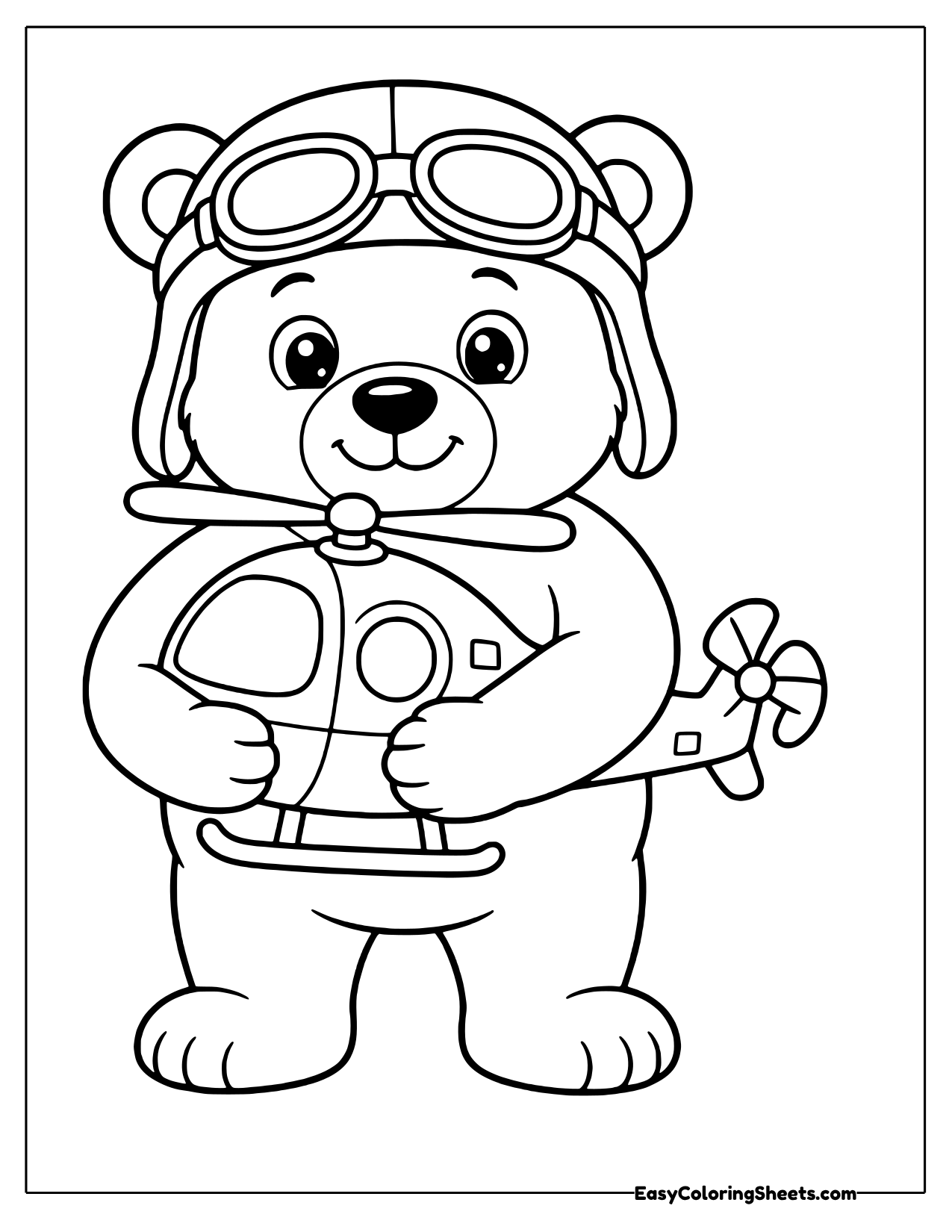 Bear in a pilot cap and goggles hugging a toy helicopter