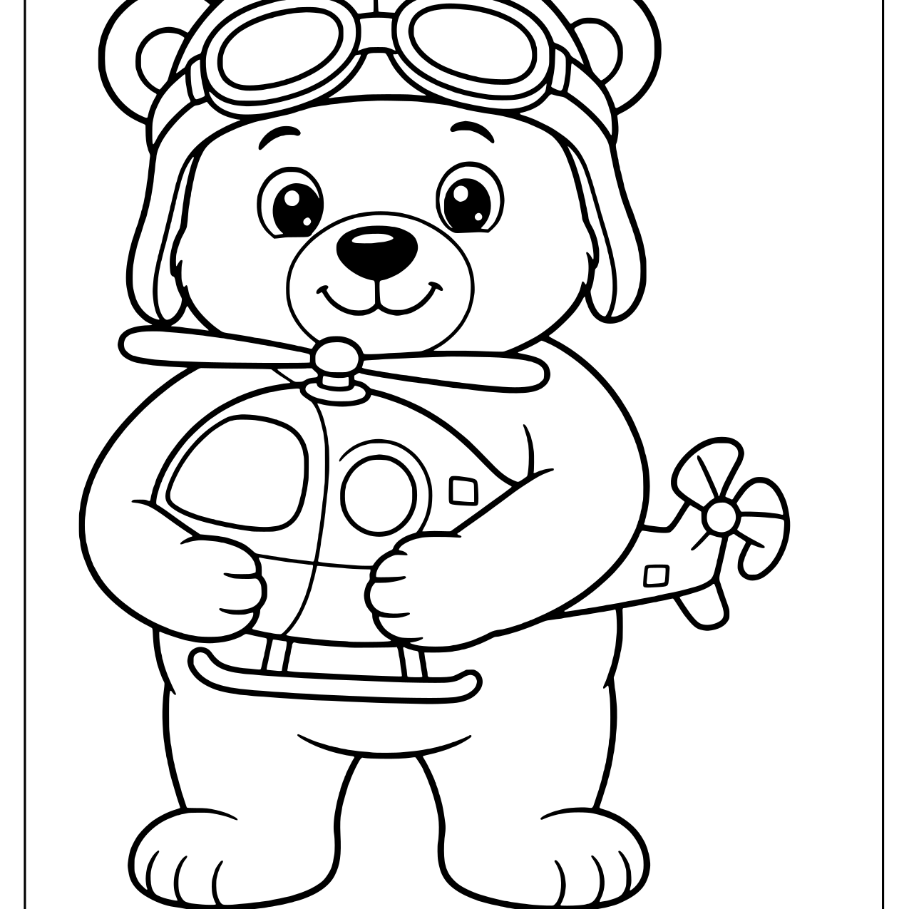 Bear in a pilot cap and goggles hugging a toy helicopter