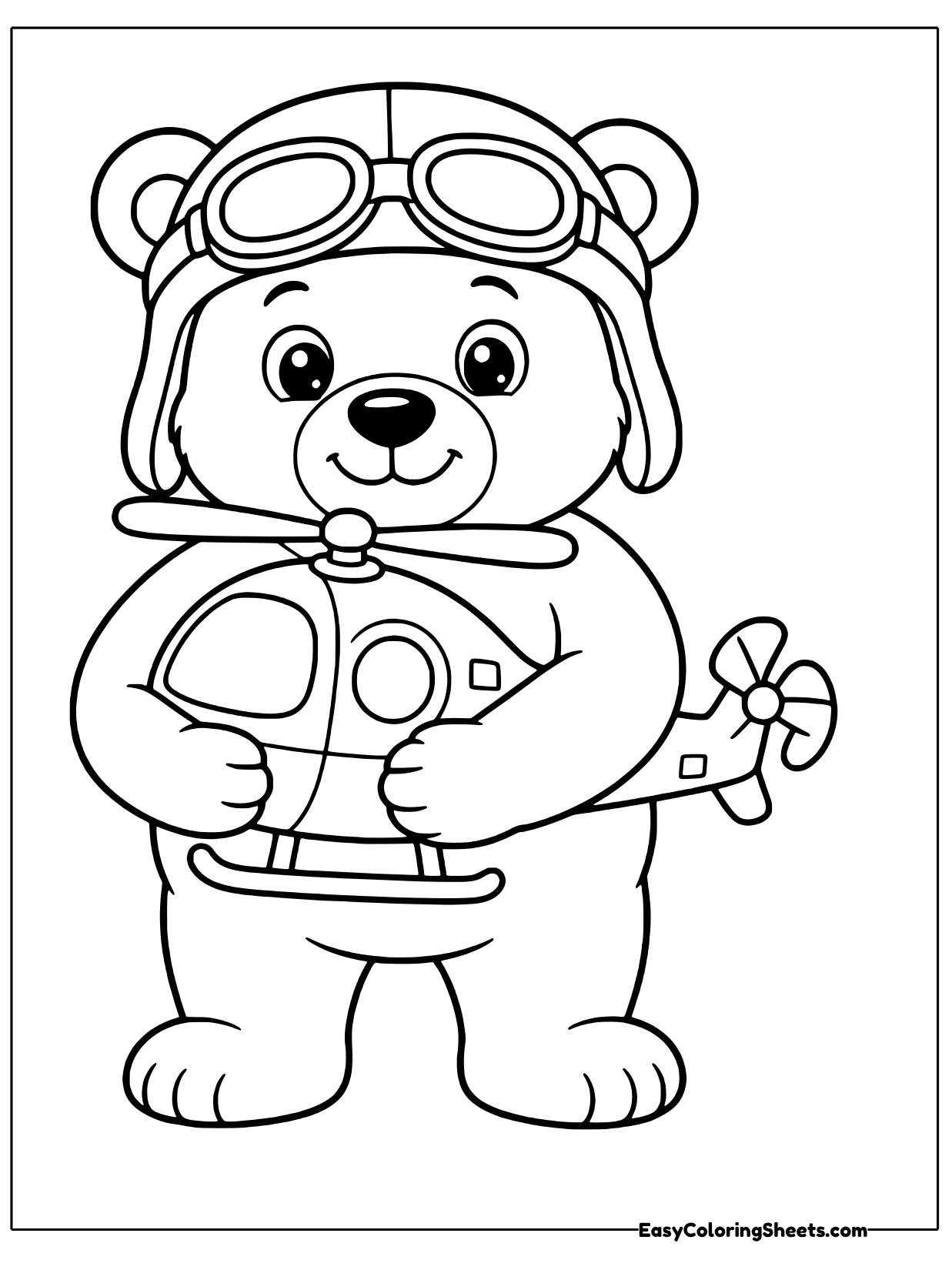 A friendly bear pilot in a leather cap and goggles stands tall and hugs a toy helicopter with a round cockpit.