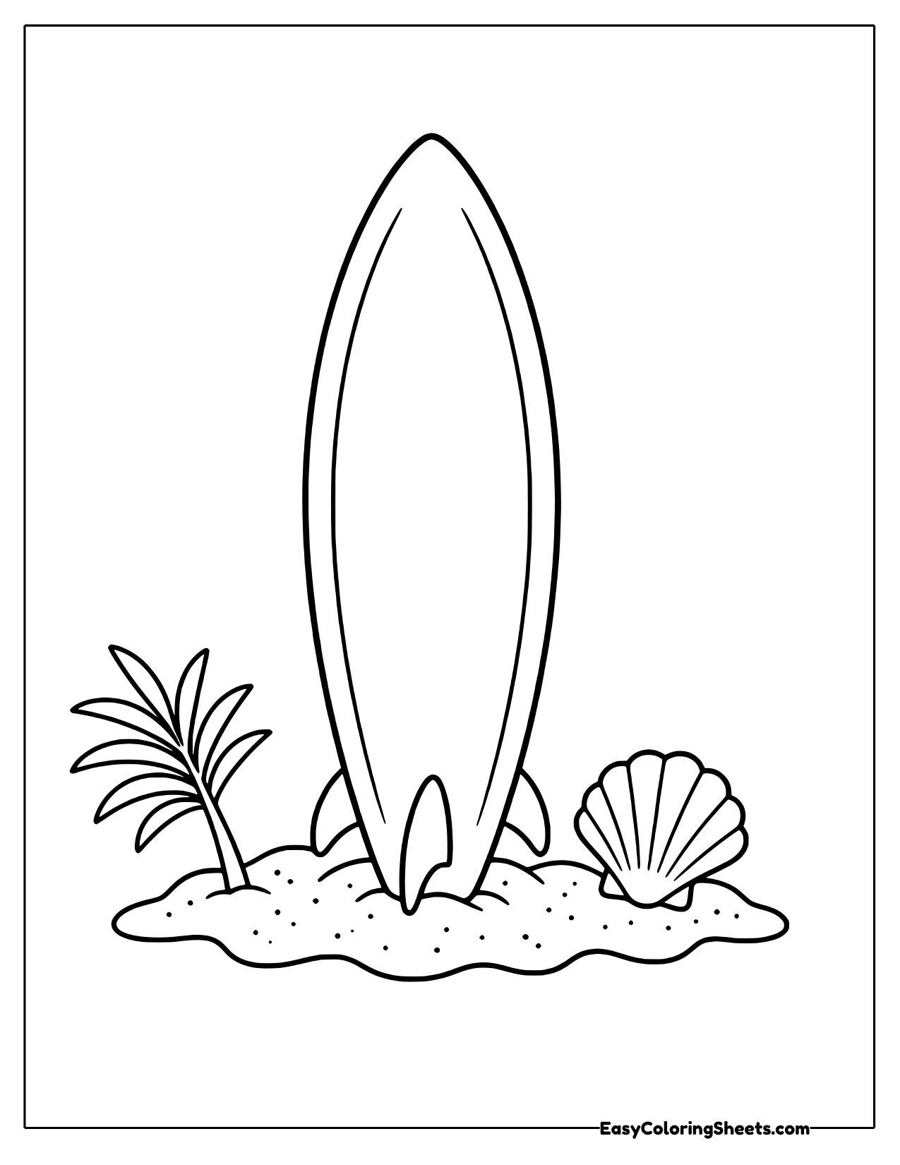Surfboard standing upright in the sand