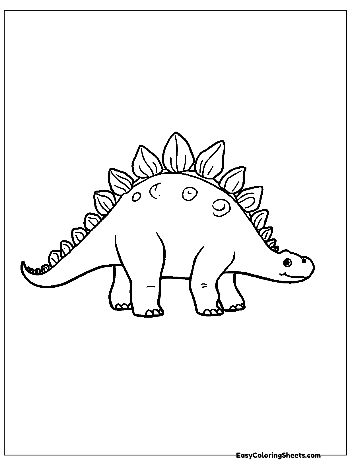A stegosaurus walks sideways with a double row of plates along its back and spikes on its tail.