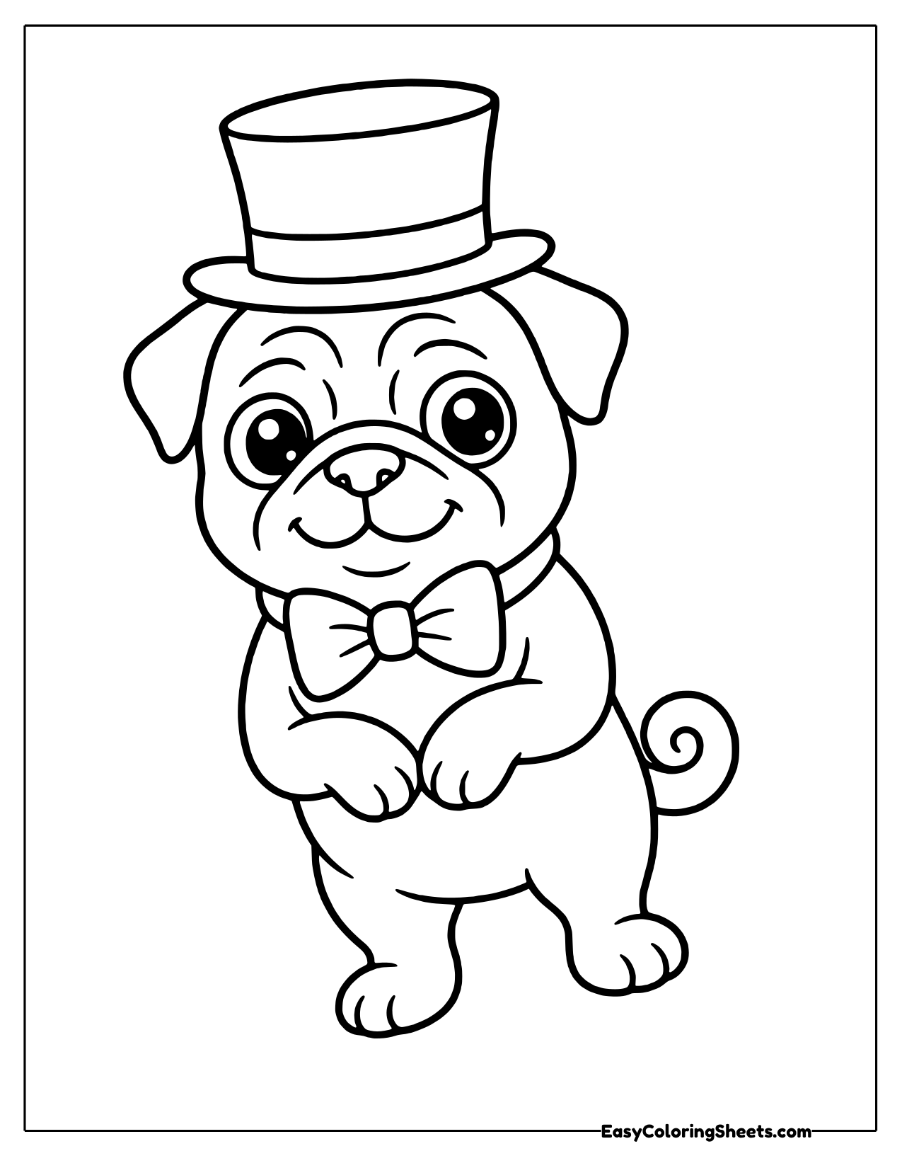 Dapper pug standing tall in a top hat and a neat bow tie