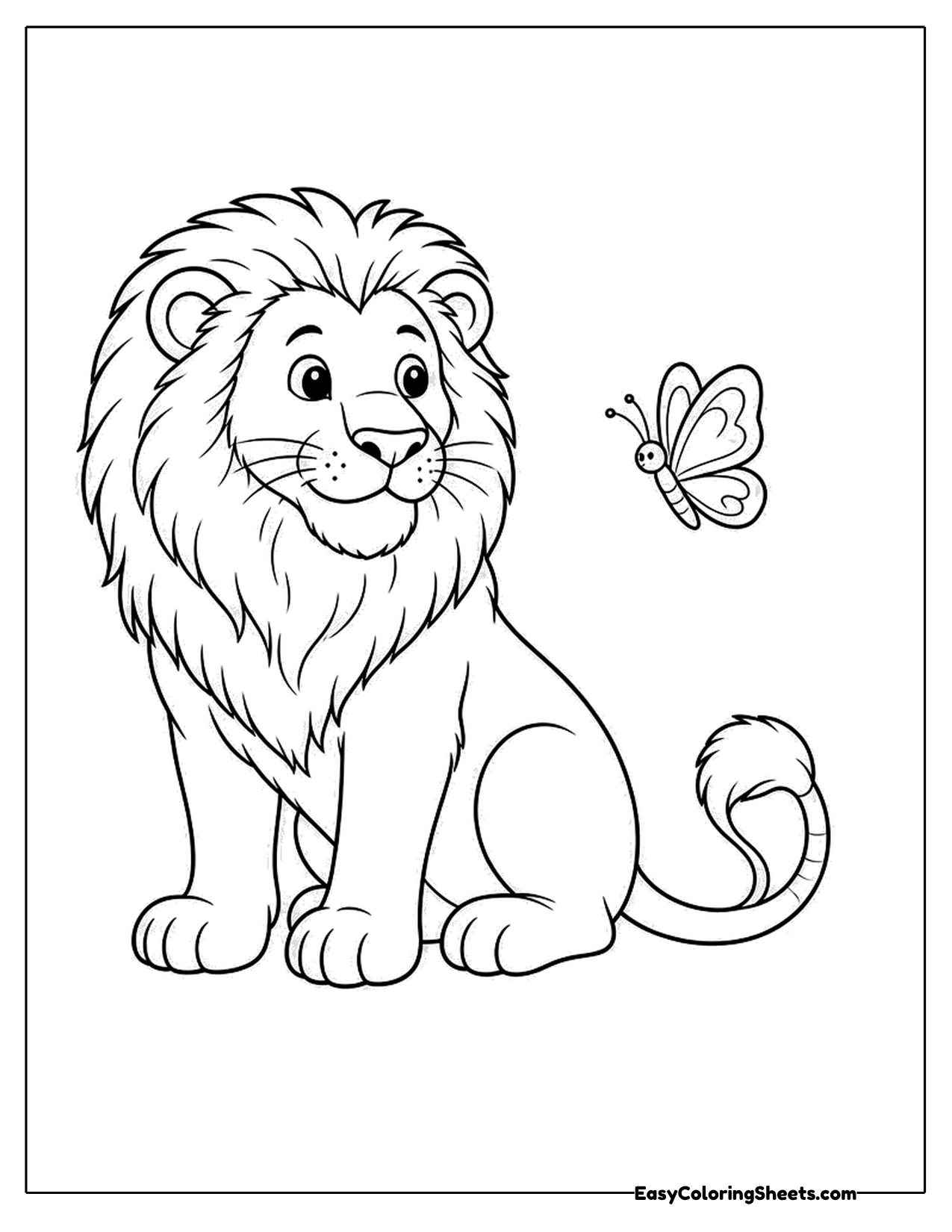 Seated lion with a butterfly flying nearby