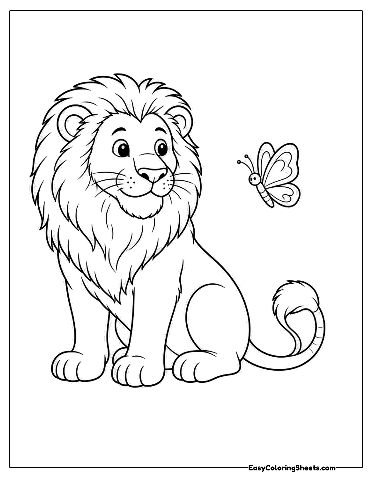 Seated lion with a butterfly flying nearby