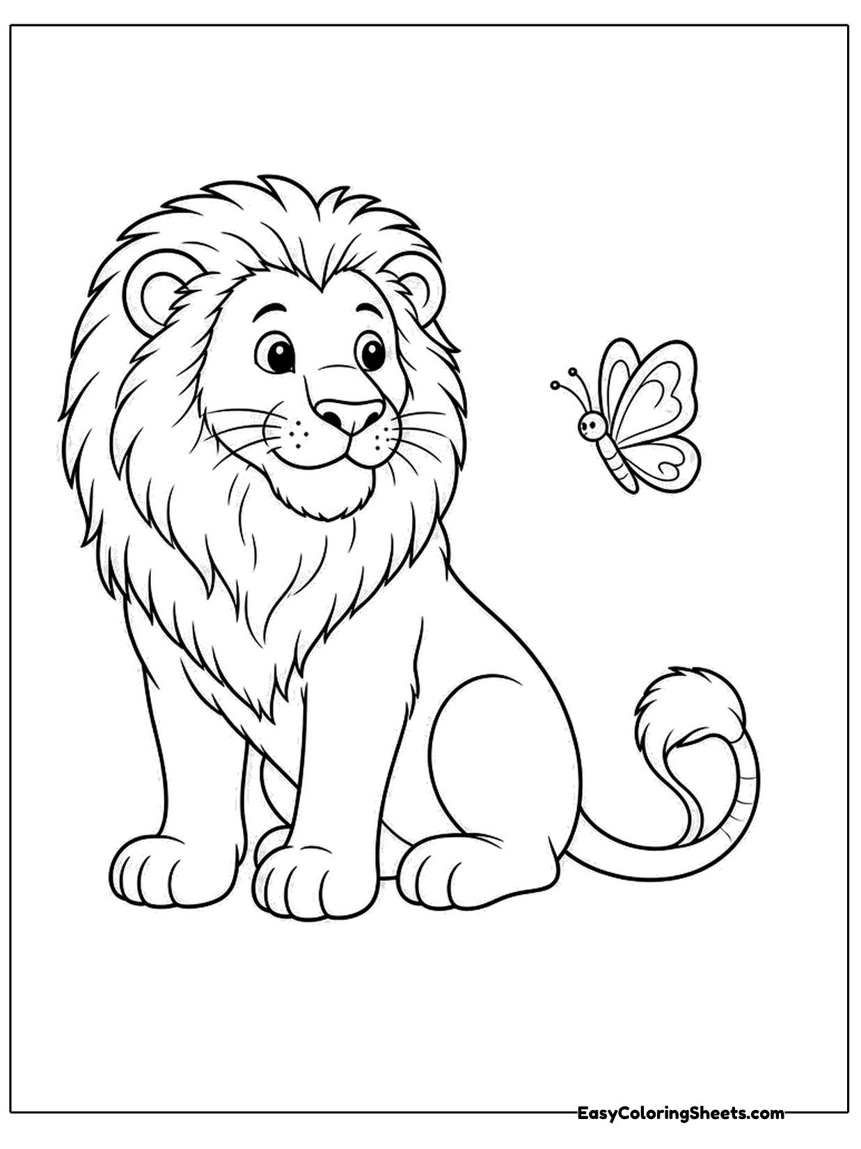 A large lion with a detailed shaggy mane sits calmly with its tail curled in front, watching a butterfly flutter beside it.