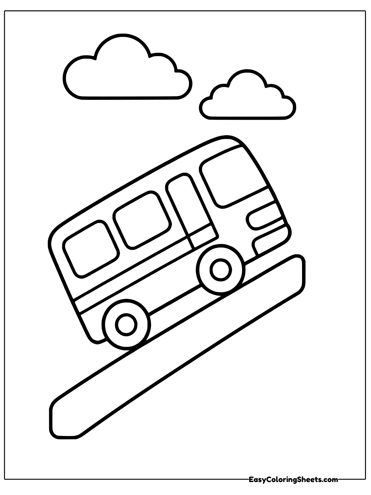 A bus tilts upward as it climbs a steep slanted hill, with clouds floating in the sky above.