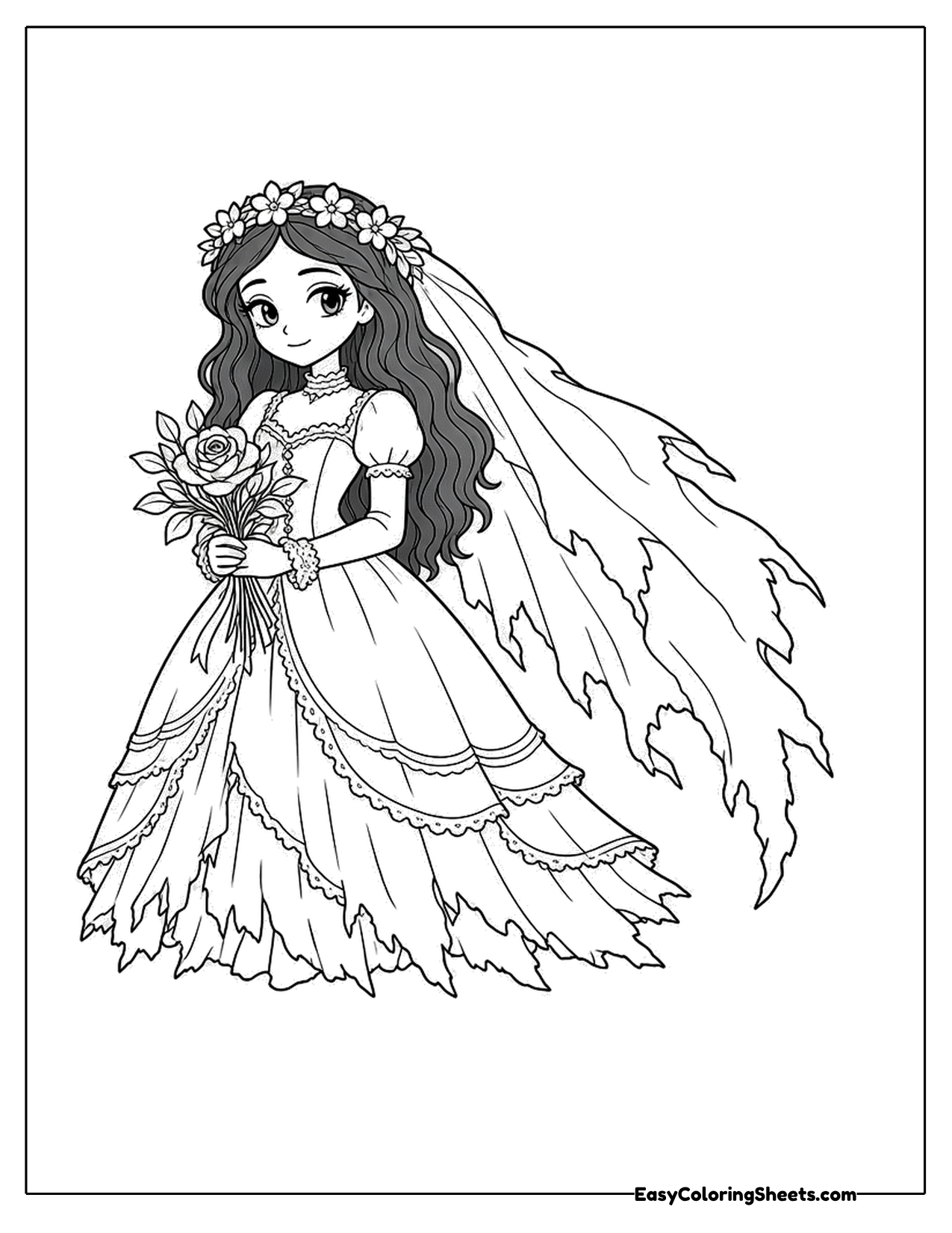 Bride in a tattered gown holding a bouquet