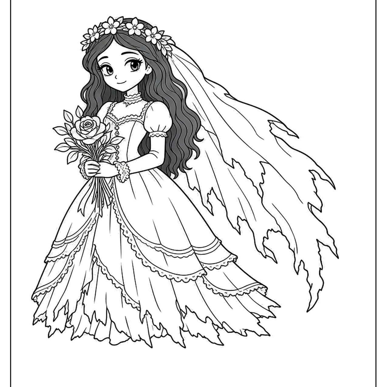 Bride in a tattered gown holding a bouquet
