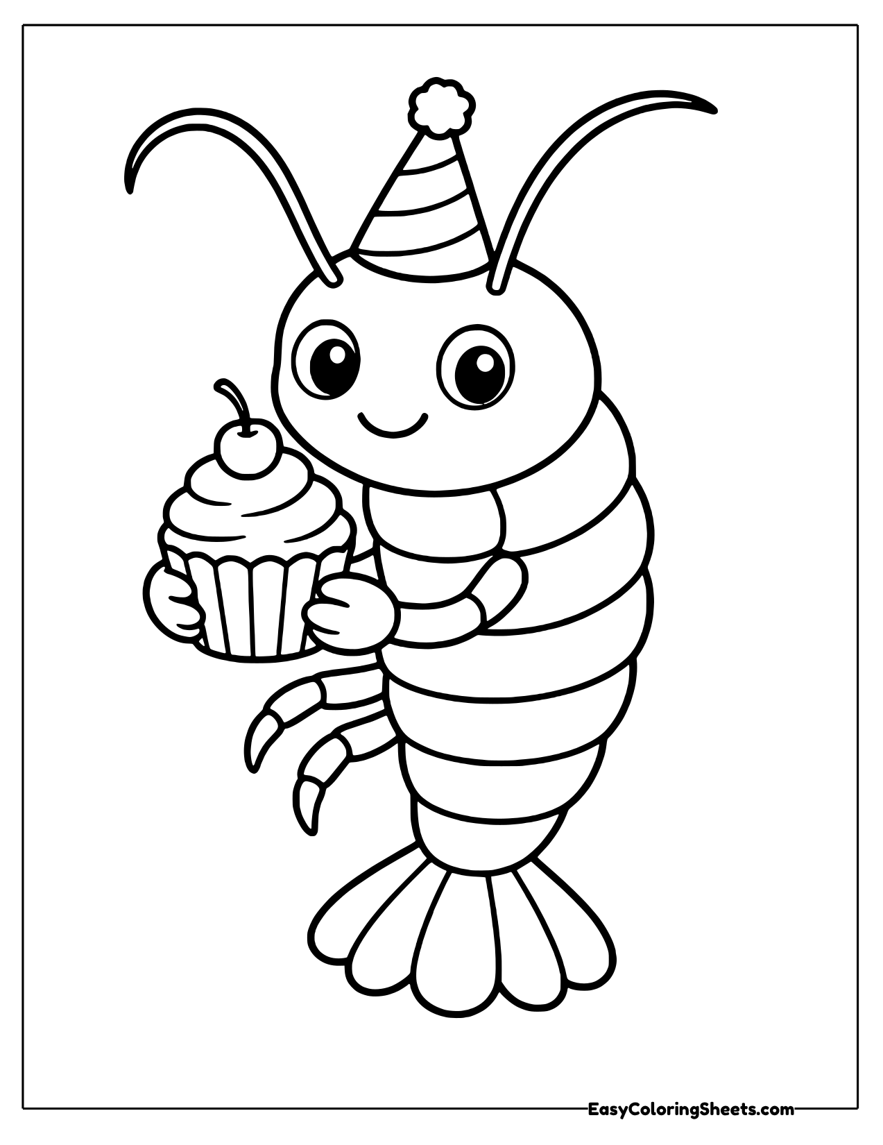 Festive cartoon shrimp in a party hat holding a cupcake